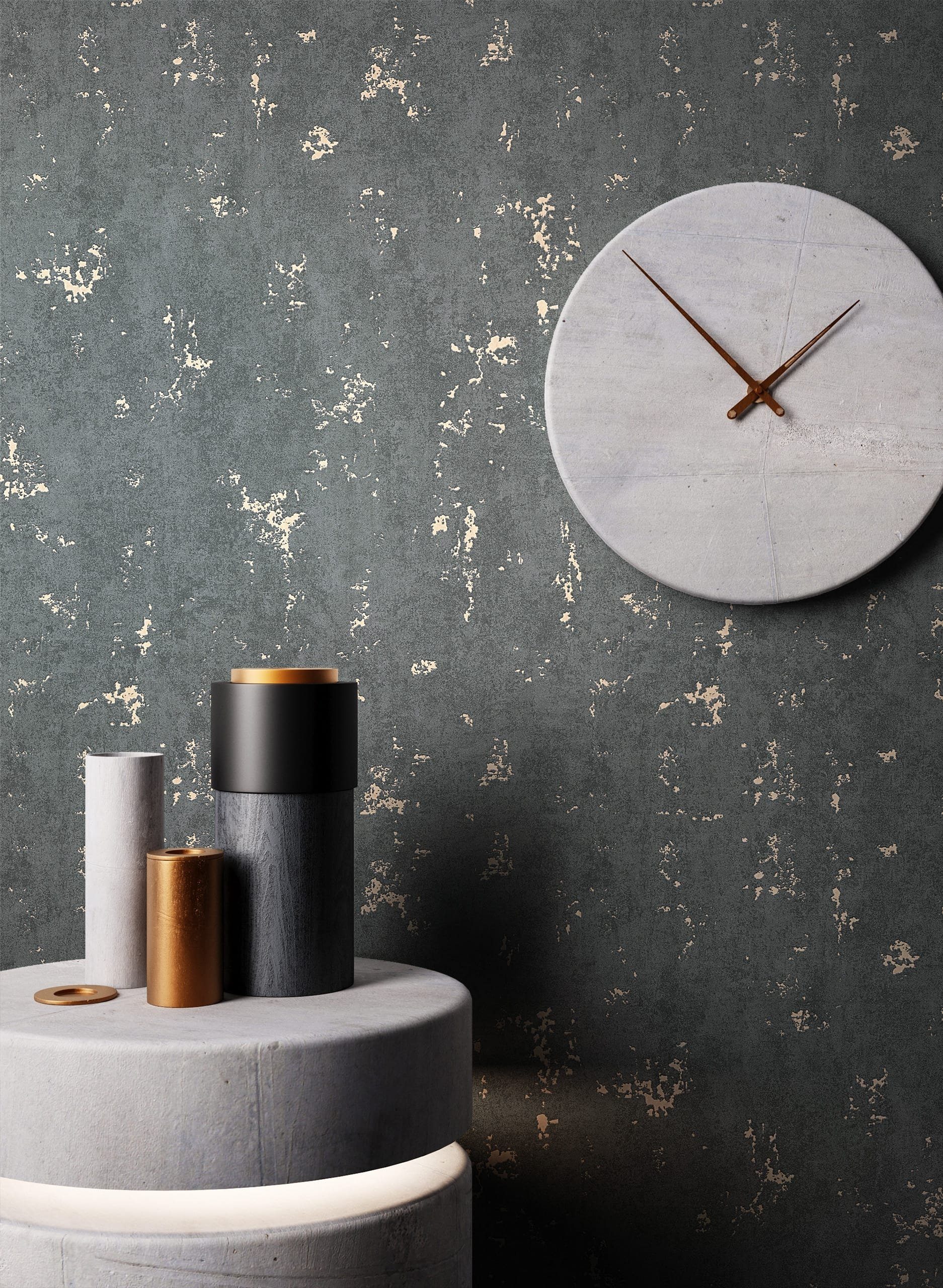 Newroom Vliestapete, Schwarz Tapete Modern Leicht Glänzend - Betonoptik Betonwand Gold Anthrazit Industrial 3D Optik Beton Putz für Schlafzimmer Wohnzimmer Küche