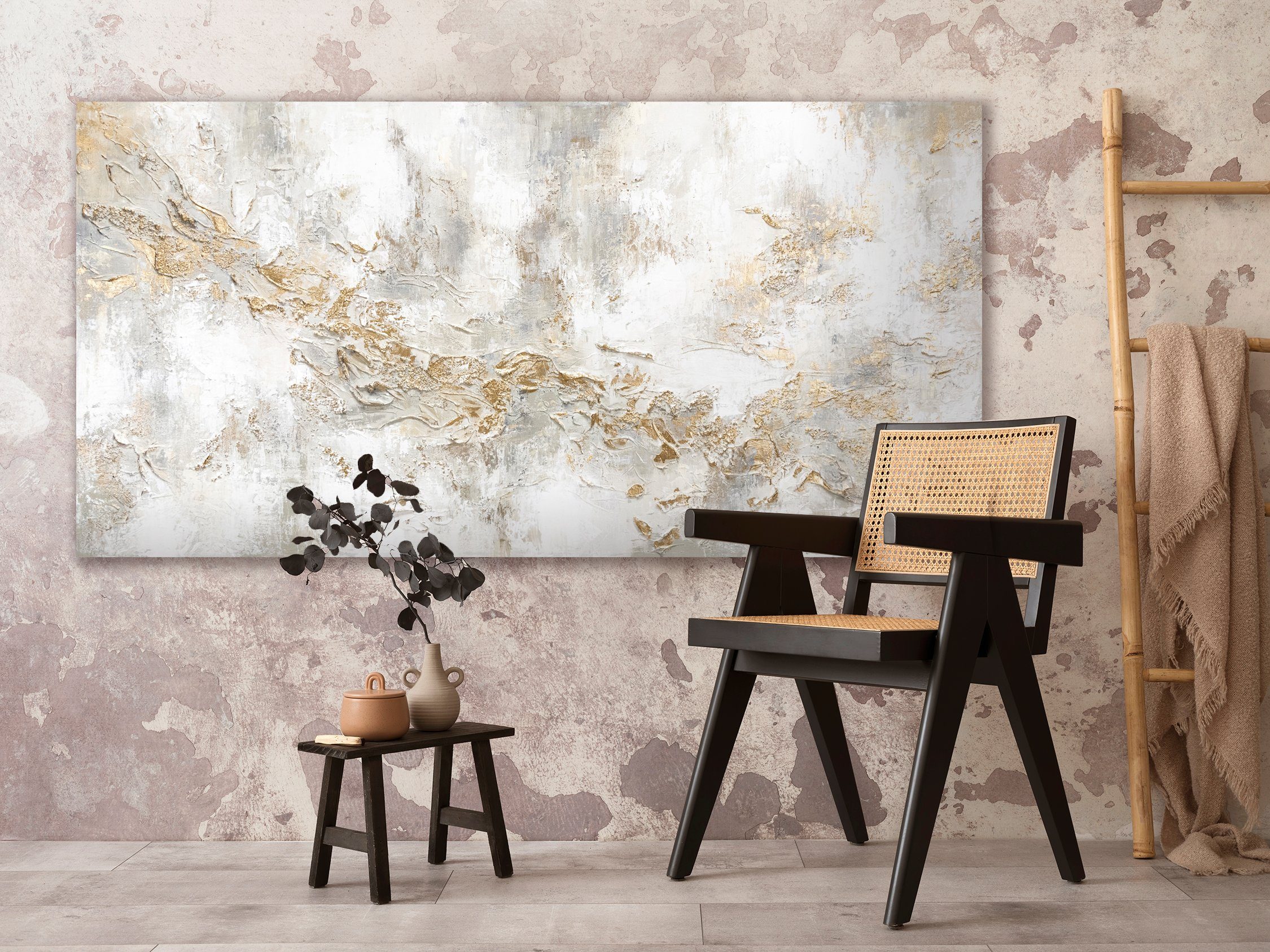 YS-Art Gemälde Geschichte, Abstrakte Bilder, Leinwand Bild Handgemalt Gold Weiß Beige Gelb