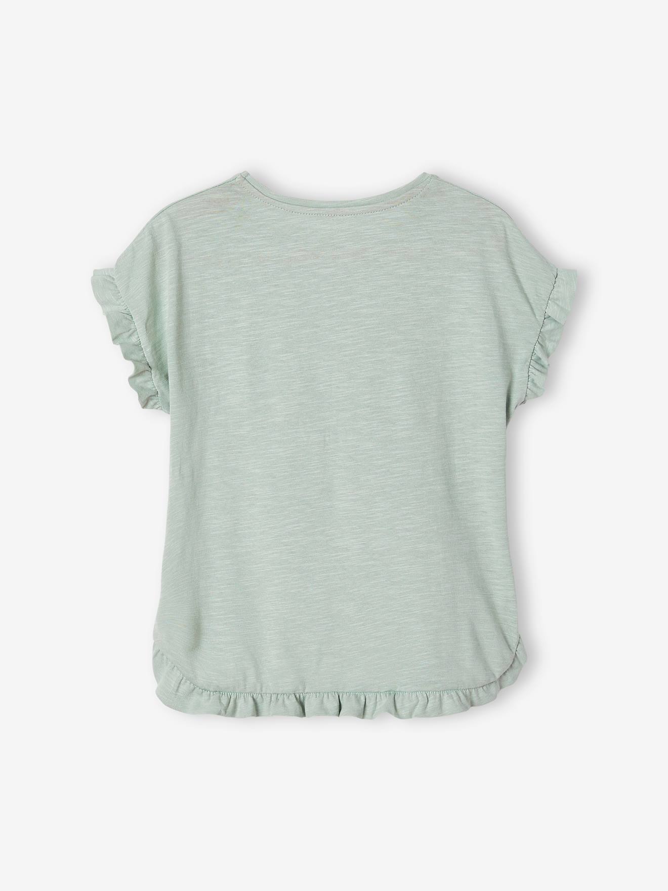 Vertbaudet Mädchen T-Shirt mit Pailletten-Print und Volants Oeko-Tex - aqua