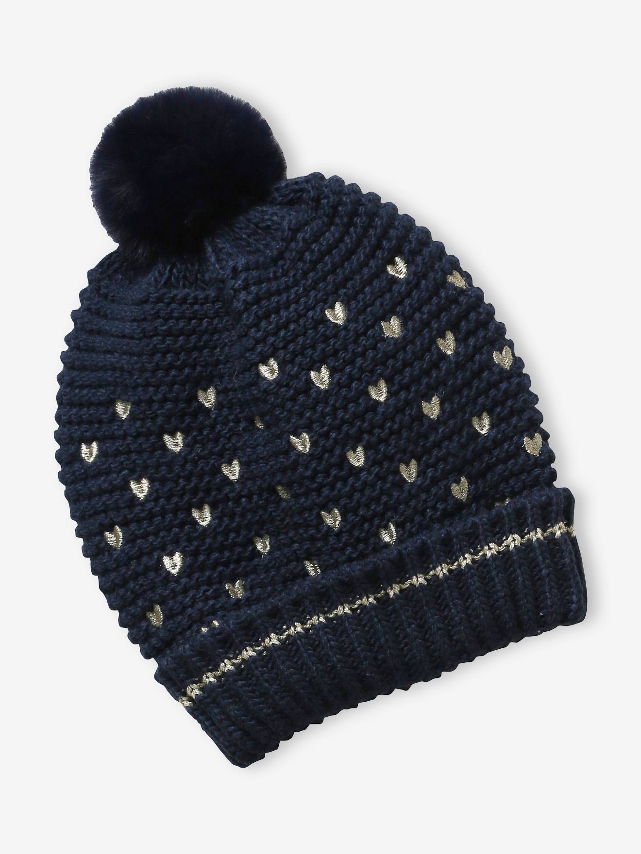 Ensemble bonnet + snood + gants coeurs fille encre imprimé