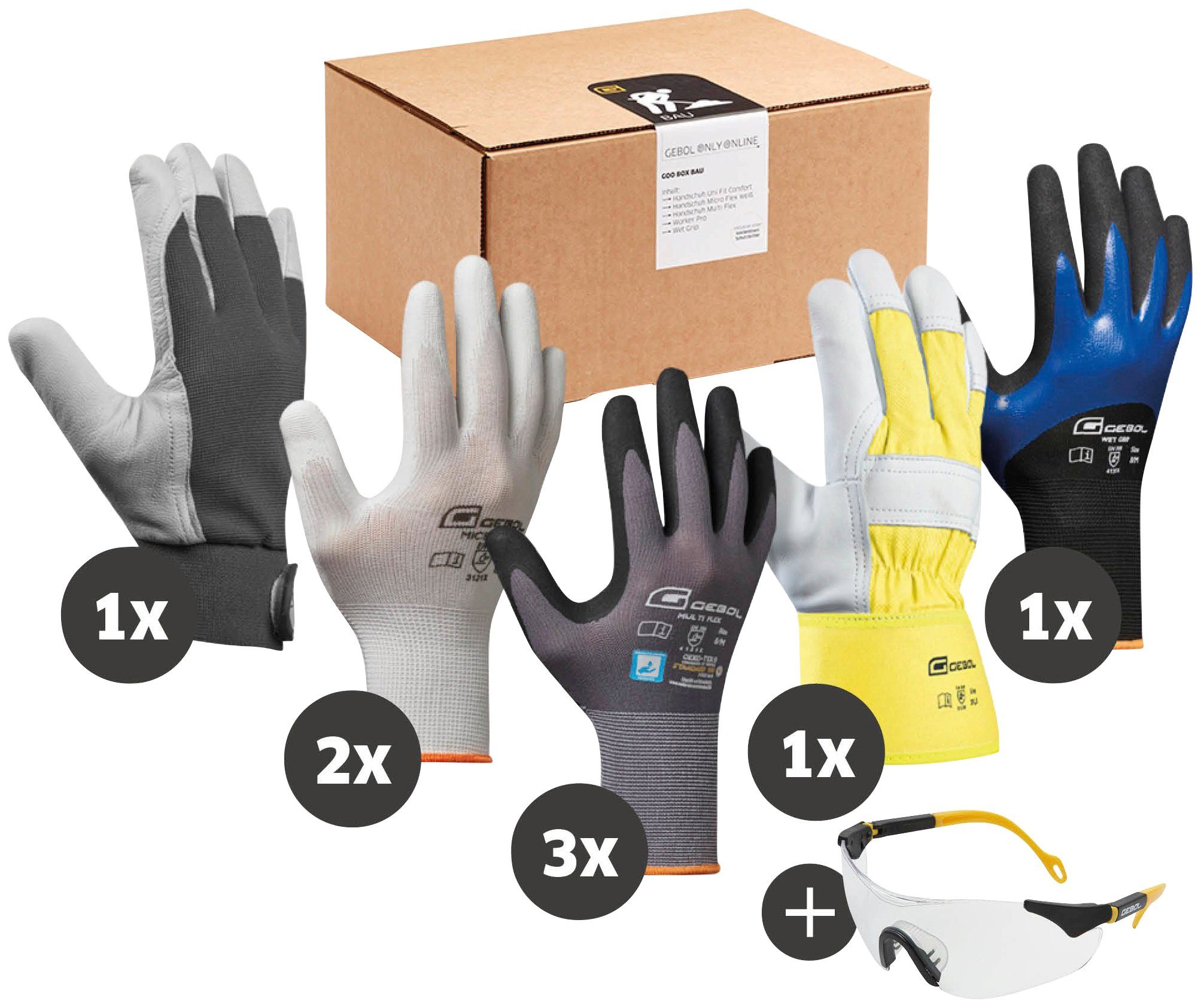 Gebol Arbeitshandschuh-Set GOO Bau 8 Paar Arbeitshandschuhe und 1 Schutzbrille