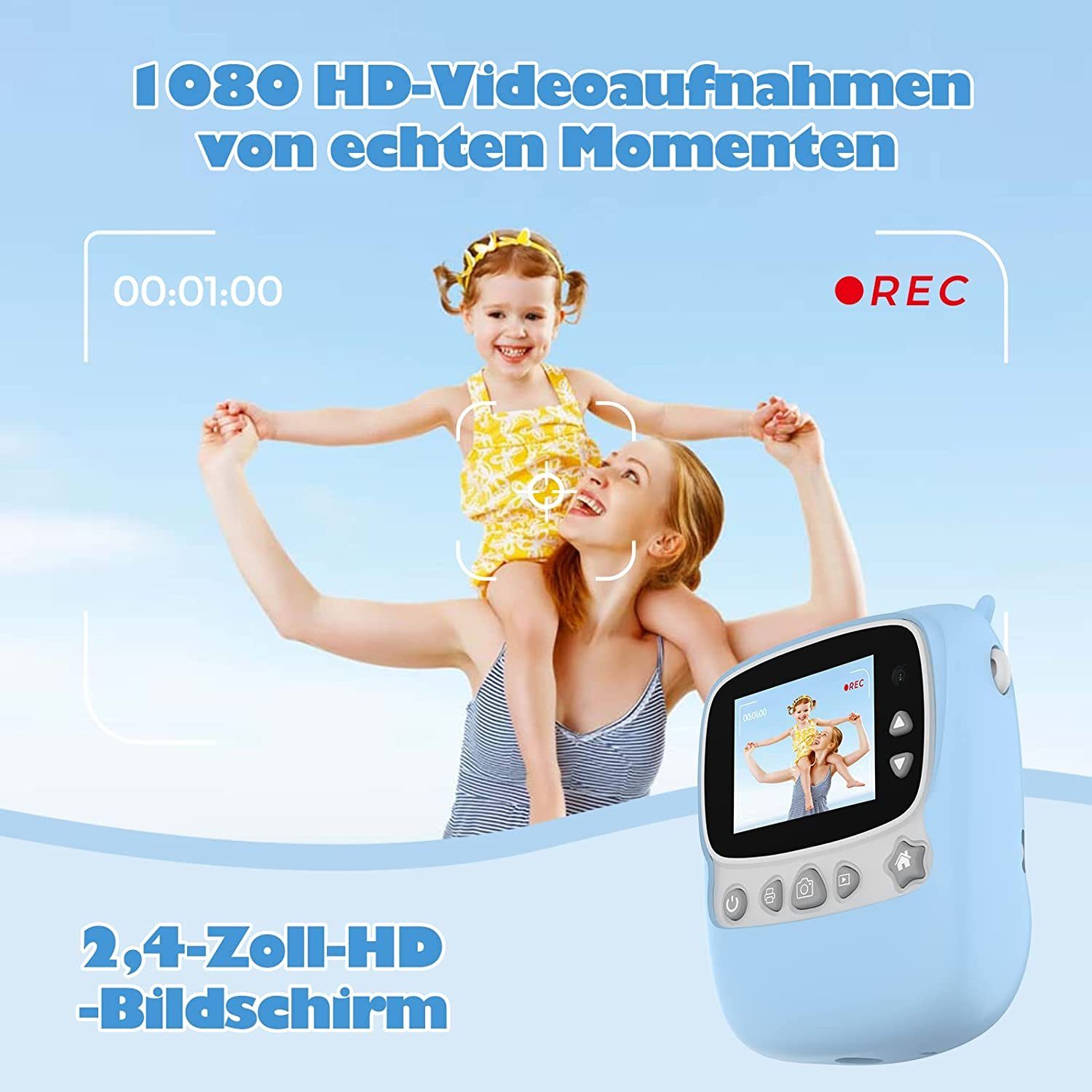 Fine Life Pro Kinder-Sofortbildkamera, 30MP 1080P, schwarz-weiß Druck, Kinderkamera (30 MP, 2,4 Zoll Display, 32GB Speicher, Dual-Kamera, blaues Geschenkidee)