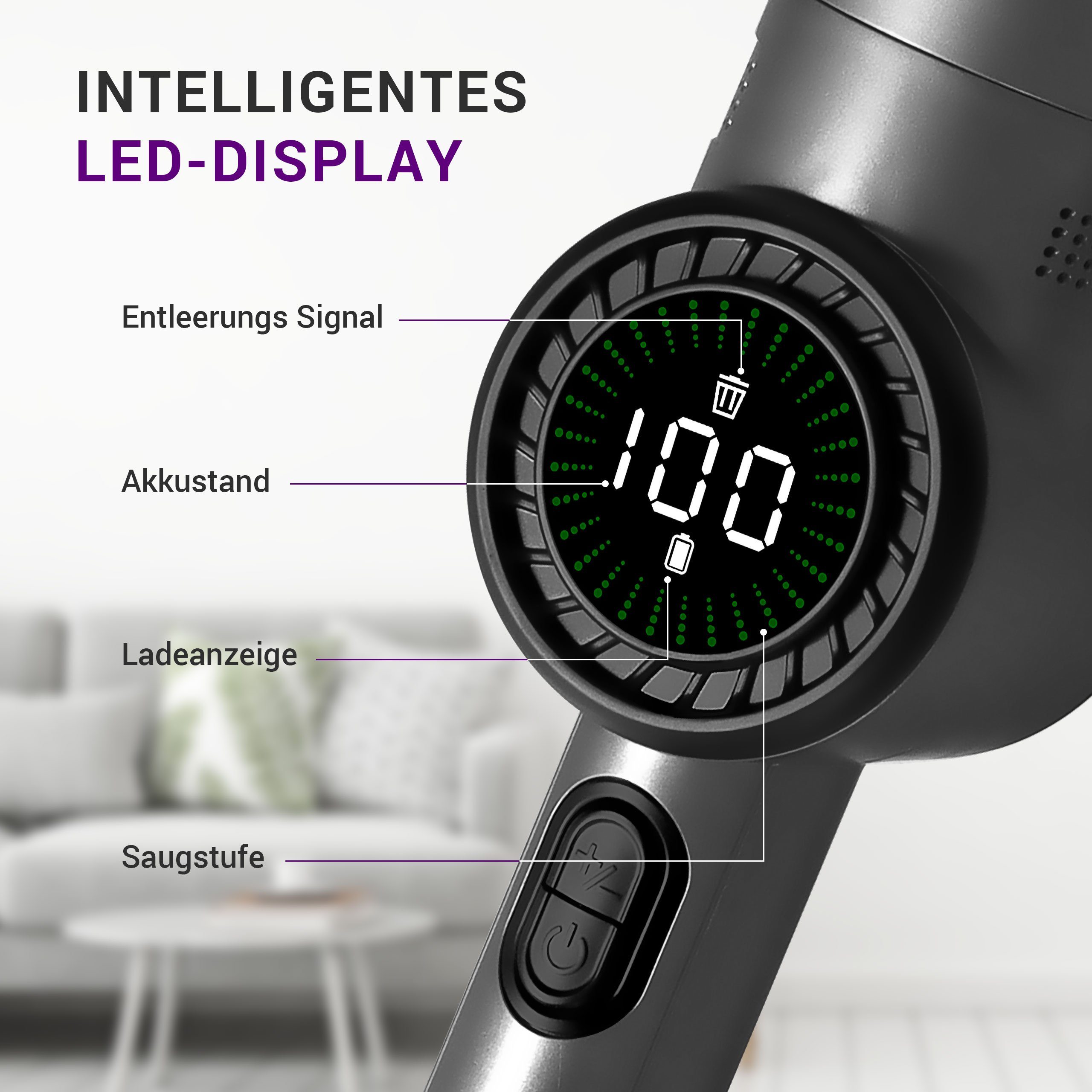 Lebenlang Akku-Handstaubsauger LBL2305, 135,00 W, Beutellos, 17000PA, Zwei Modi Option, Innovatives Display, Viel Zubehör