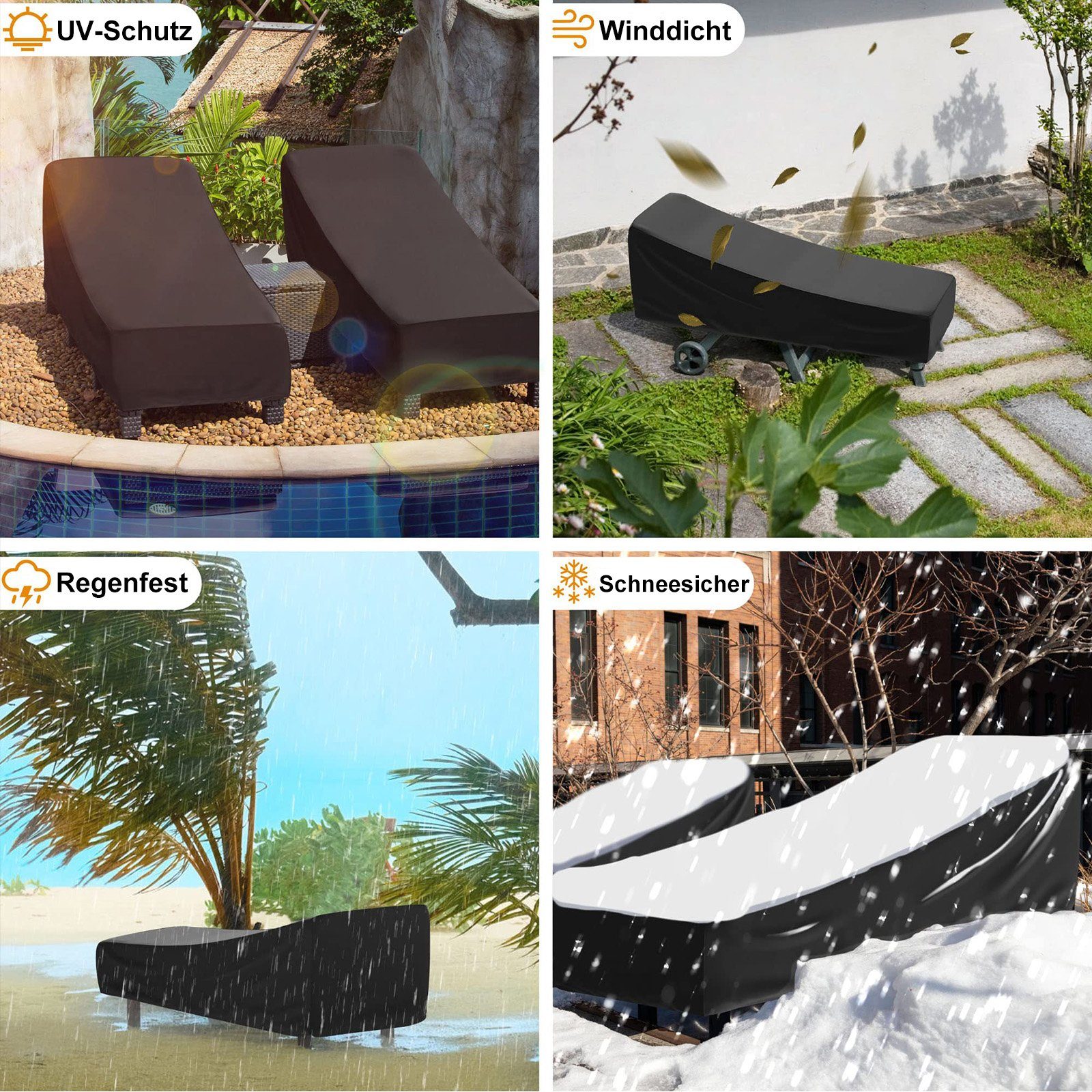 BTTO Gartenmöbel-Schutzhülle Sitzgruppen Schutzhülle 210D Schutzhülle Abdeckung Schwarz 210x75x40cm, Wasserdicht, Kordelzug für Freien,Garten,Balkon,Terrasse Sonnenliegen