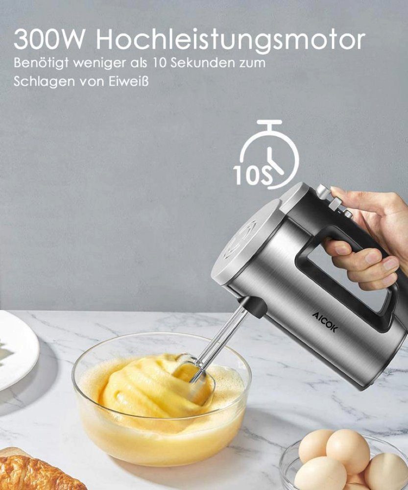 AICOK Handmixer HM833, 300,00 W, elektrisches Rührgerät mit 2 Rührbesen, 2 Knethaken