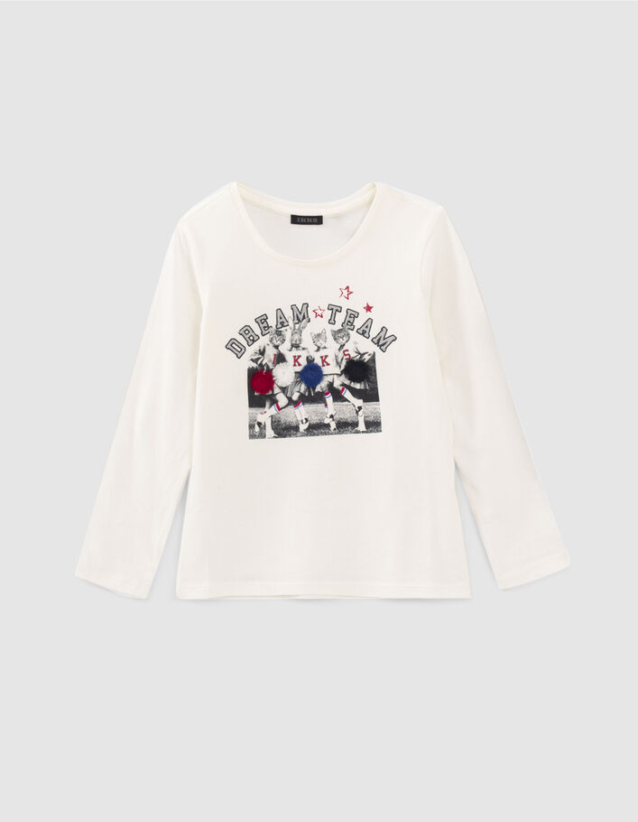 T-shirt blanc cassé visuel pom-pom girls 3D fille