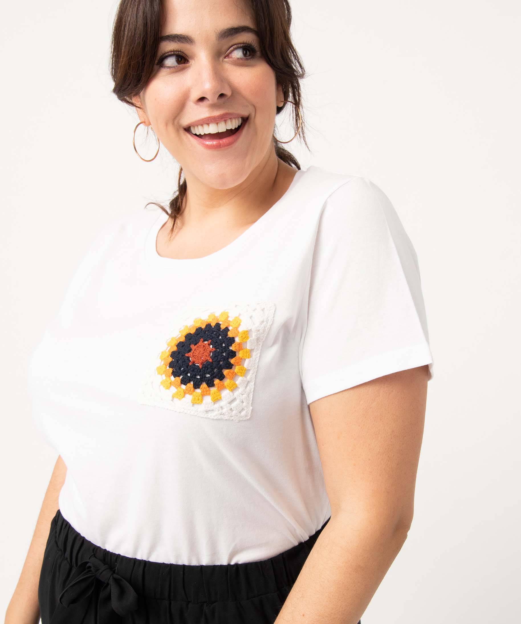 Tee-shirt femme grande taille à manches courtes et poche fa... blanc | GEMO