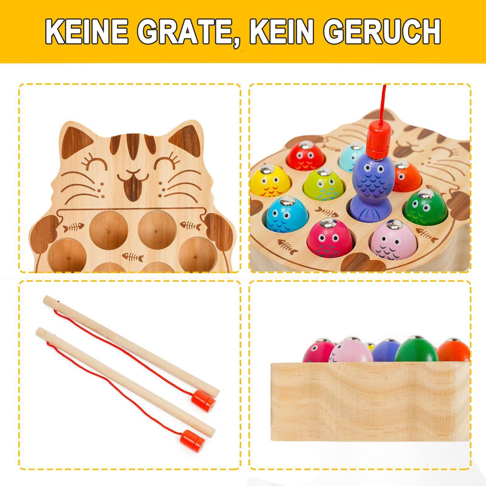 Wenta Lernspielzeug Magnetische Angelspiel Holz Fischspielzeug (Montessori Motorik Spielzeug Lernspielzeug), Geschenk für Kinder Mädchen Jungen ab 1 2 3 4 5 Jahre