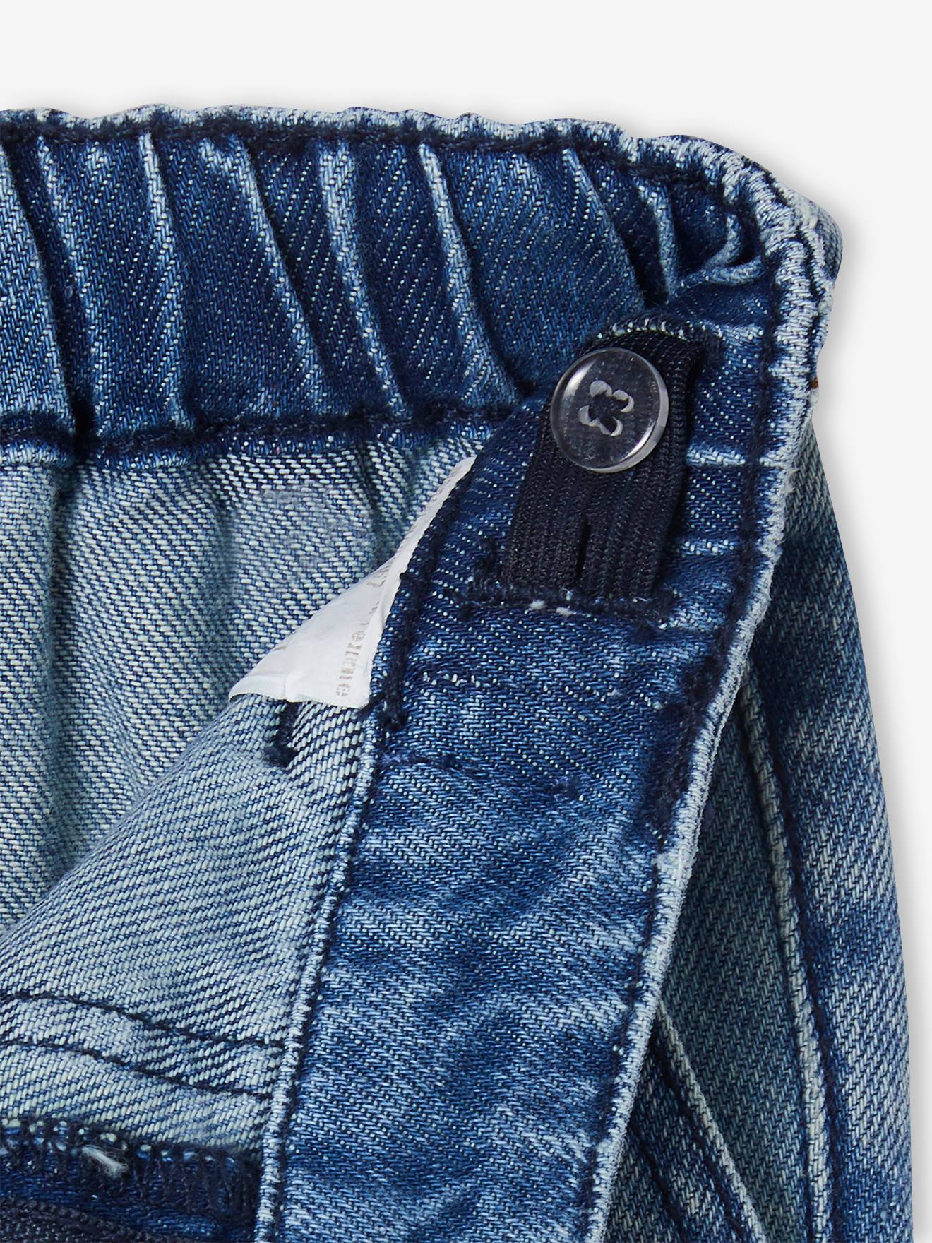 Jean droit loose effet patchs garçon denim bleached