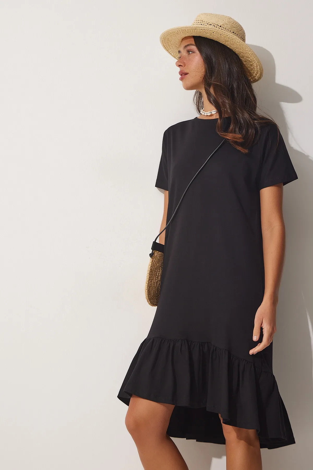 Happiness İstanbul  Schwarzes Volant-Sommer-Viskose-Strickkleid für Damen AP00186