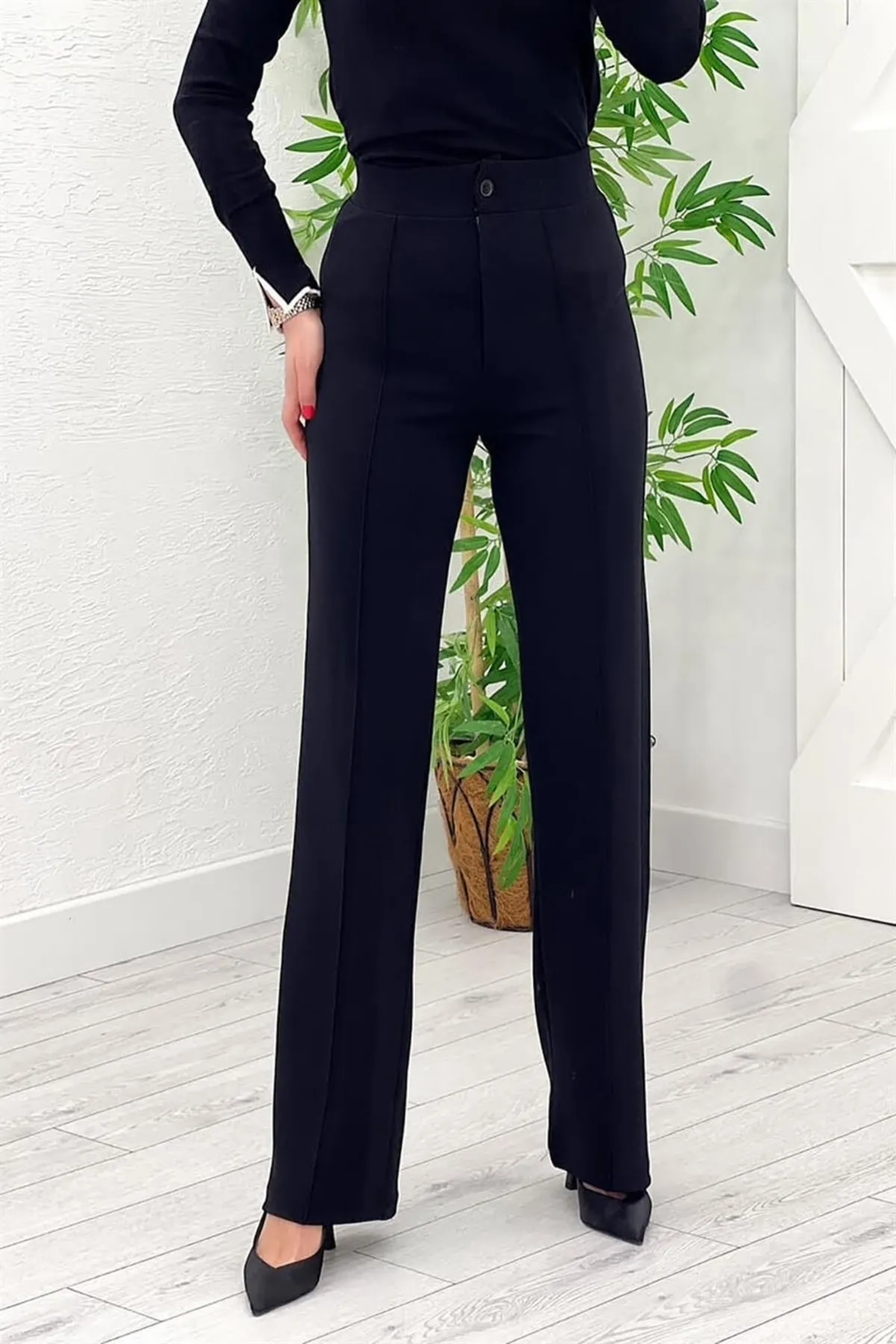 GRİLAND  Schwarze, geraffte, geraffte Palazzo-Hose für Damen mit hoher Taille