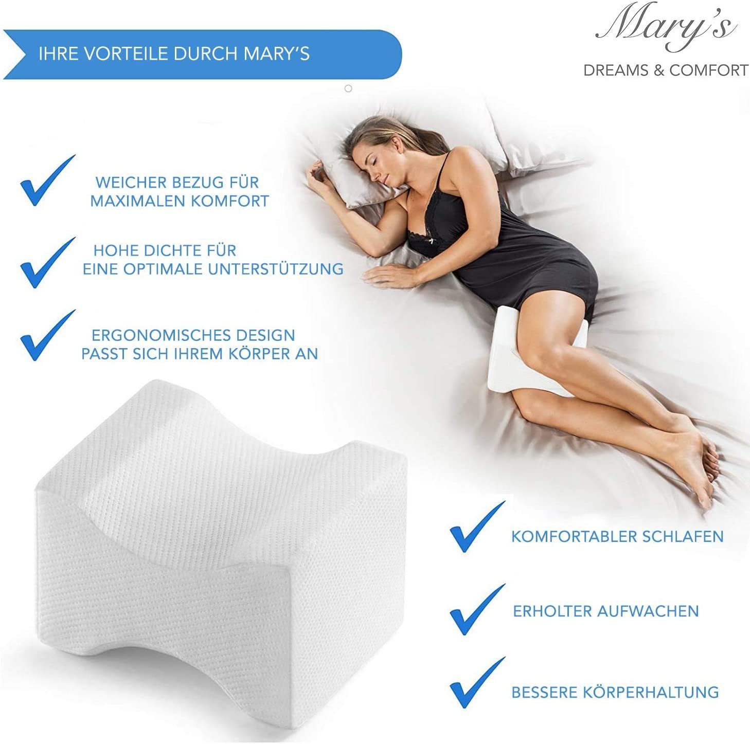 Mary's Kniekissen Mary´s Orthopädisches Kniekissen, Memory Foam, Geeignet für Seitenschläfer, Entlastung von Hüft-, Rücken- und Knie-Schmerzen, Druckentlastung, Schwangerschaft, Reha, Beinkissen…