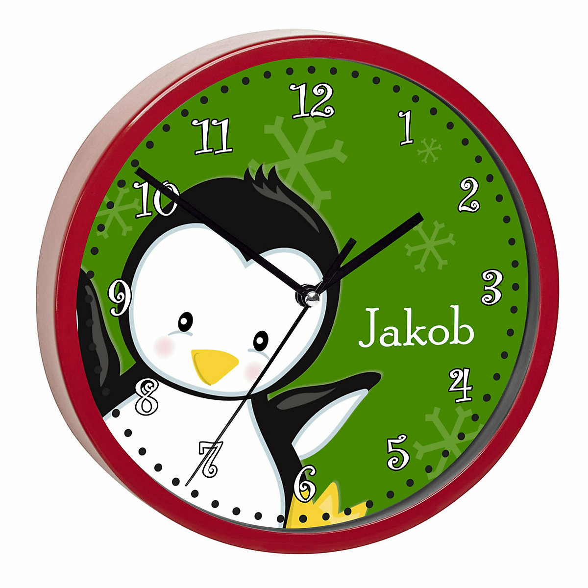 Kinder Wanduhr personalisiert mit Name Pinguin grün