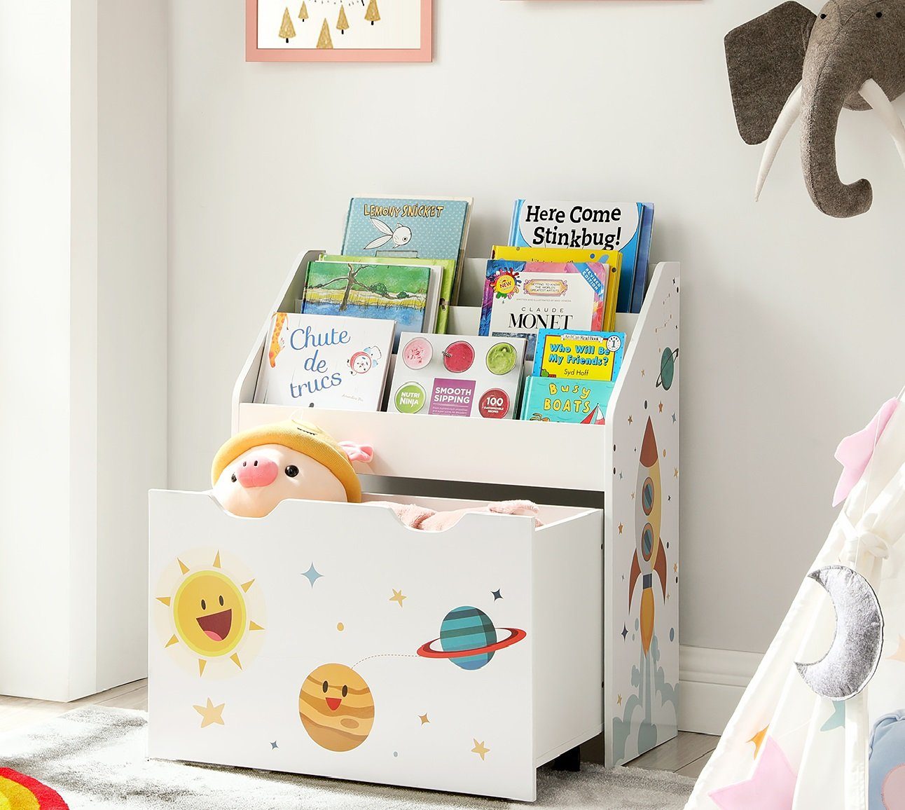SONGMICS Spielzeugtruhe, Kinderzimmerregal mit 3 Fächern und Spielzeugkiste
