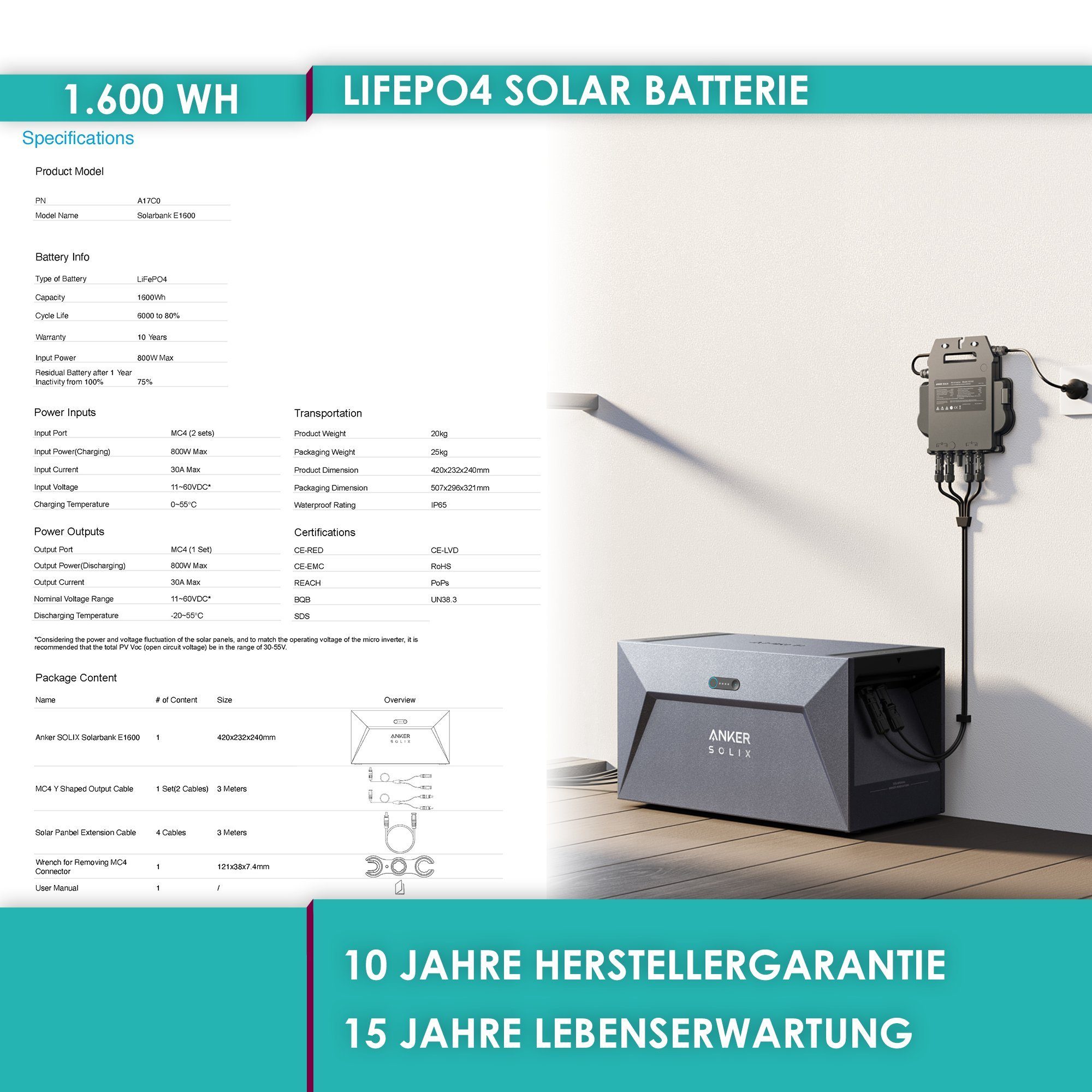 VALE Solaranlage Balkonkraftwerk 820W mit Speicher, (2 x 410W Bifaziale Black Frame Glas-Glas Maysun MS410MDG-40H TwiSun Module, Anker MI80 800W Wechselrichter, Anker 1,6kWh Batteriespeicher, 4 x 3m MC4 Kabel, 2 x 3m MC4 Y-Kabel, 5m Anschlusskabel)