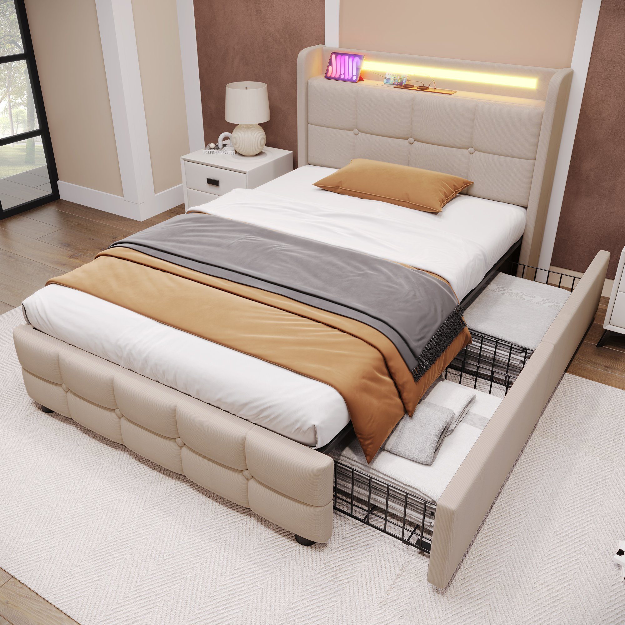 OKWISH Polsterbett Mit LED-Beleuchtung (90 x 200 cm mit aufladen USB Ladefunktion Kopfteil und 2 Schubladen, Stauraumbetten Bettgestell Ohne Matratze)