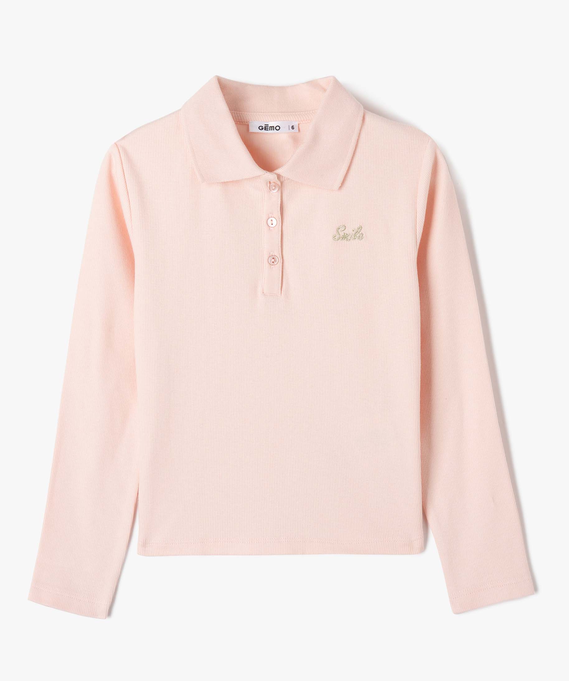 Tee-shirt fille à manches longues et col polo rose | GEMO