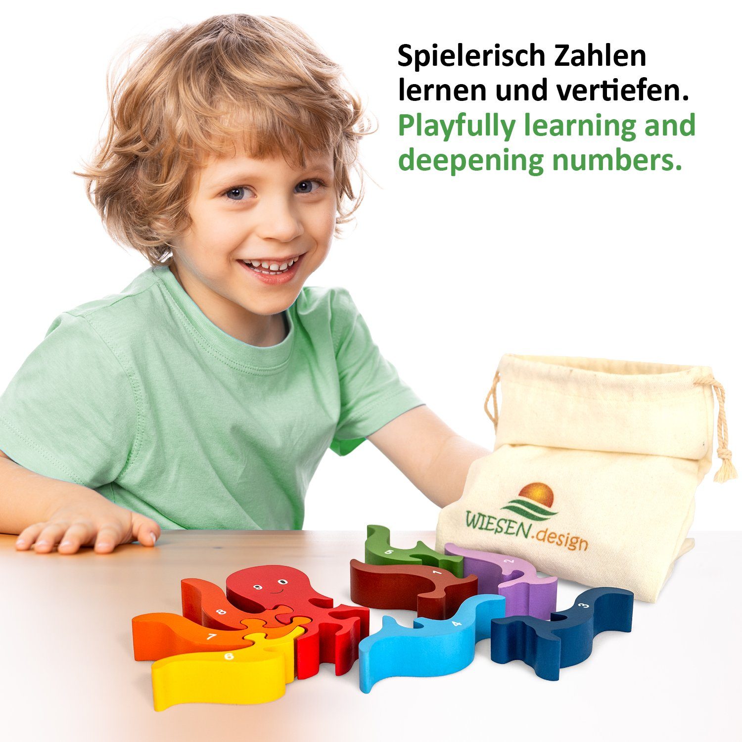 WIESEN.design Lernspielzeug Zahlenpuzzle Kleine Krake, Montessori Spielzeug ab 3 Jahre, Holzpuzzle, DIN EN71 geprüft, Speichel- und schweißfest, gratis Versand