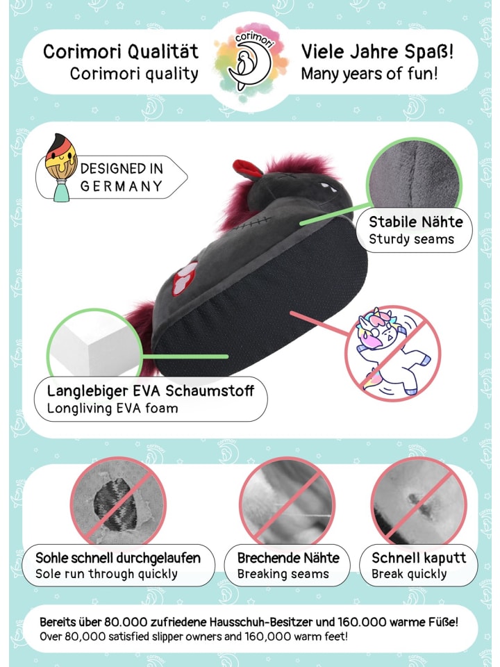 Corimori Hausschuhe „Punk-Einhorn“ Einheitsgröße in Anthrazit/rot günstig kaufen 25/34