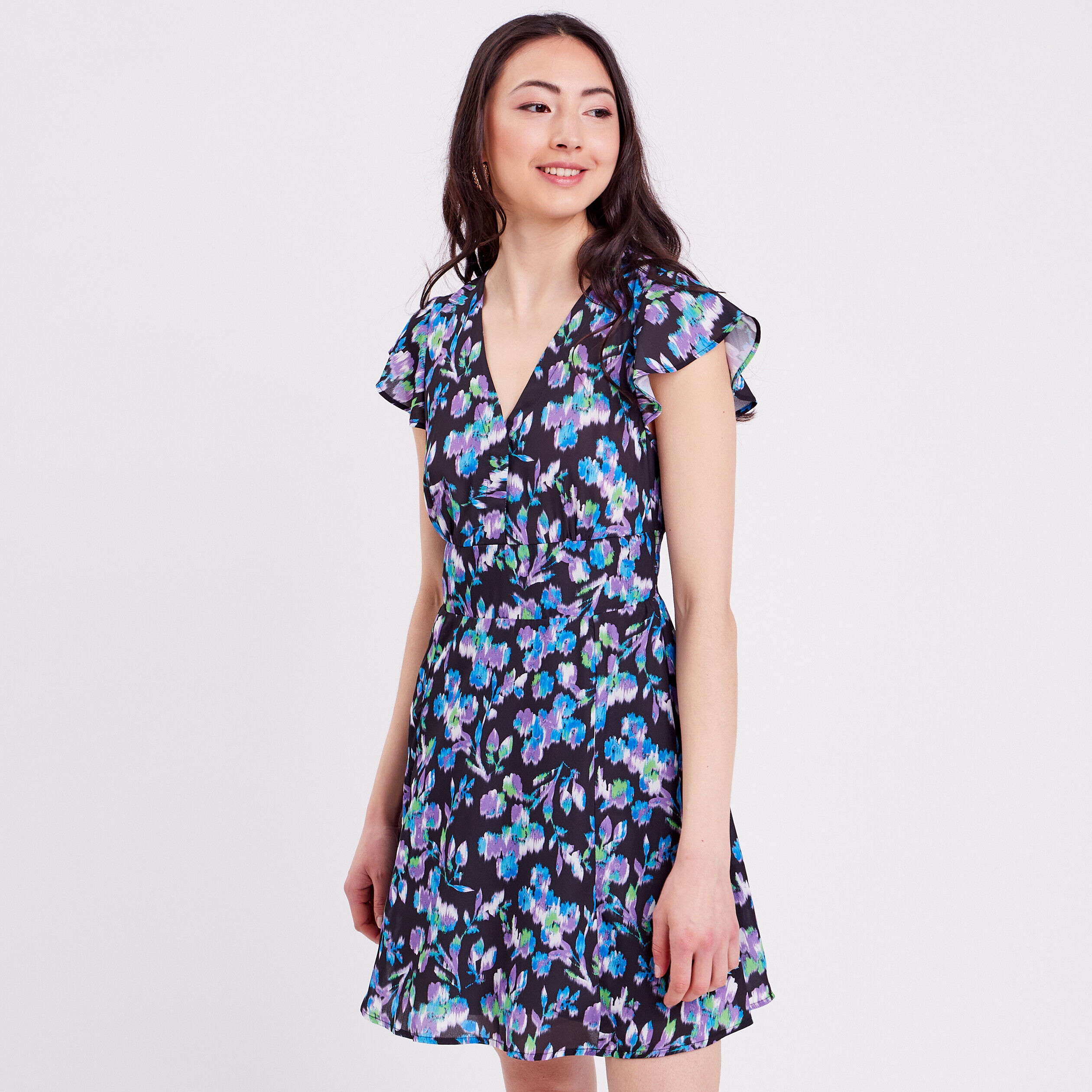 Robe évasée manches courtes noir femme | Cache Cache