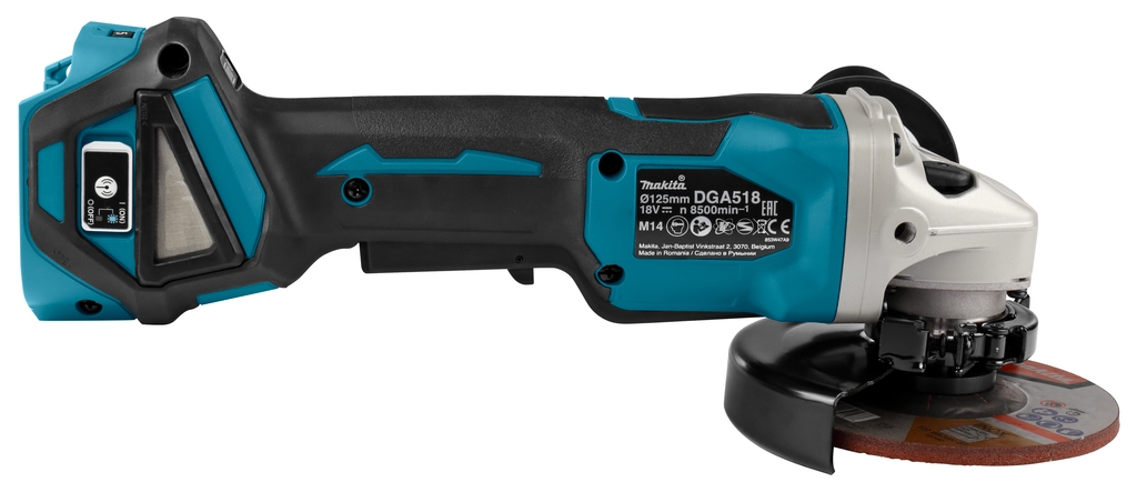 Makita DGA518ZJU 18V Vinkelsliber 125 mm (AWS) med bremse. I æske ekskl. batterier og oplader.