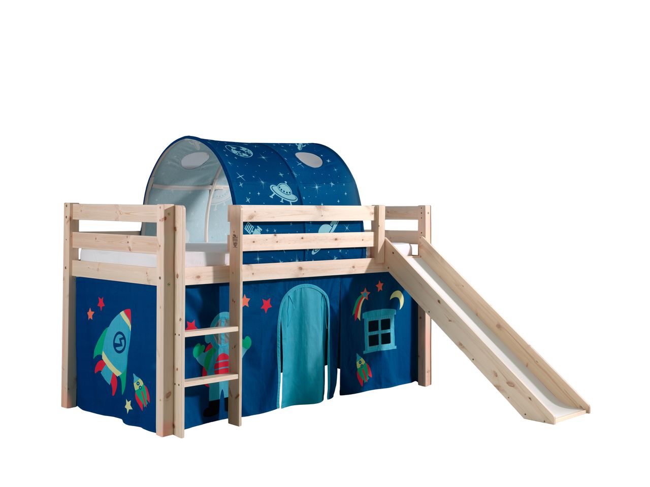 VIPACK Spielbett Pino inkl. Rutsche mit Textilset Vorhang und Tunnel 