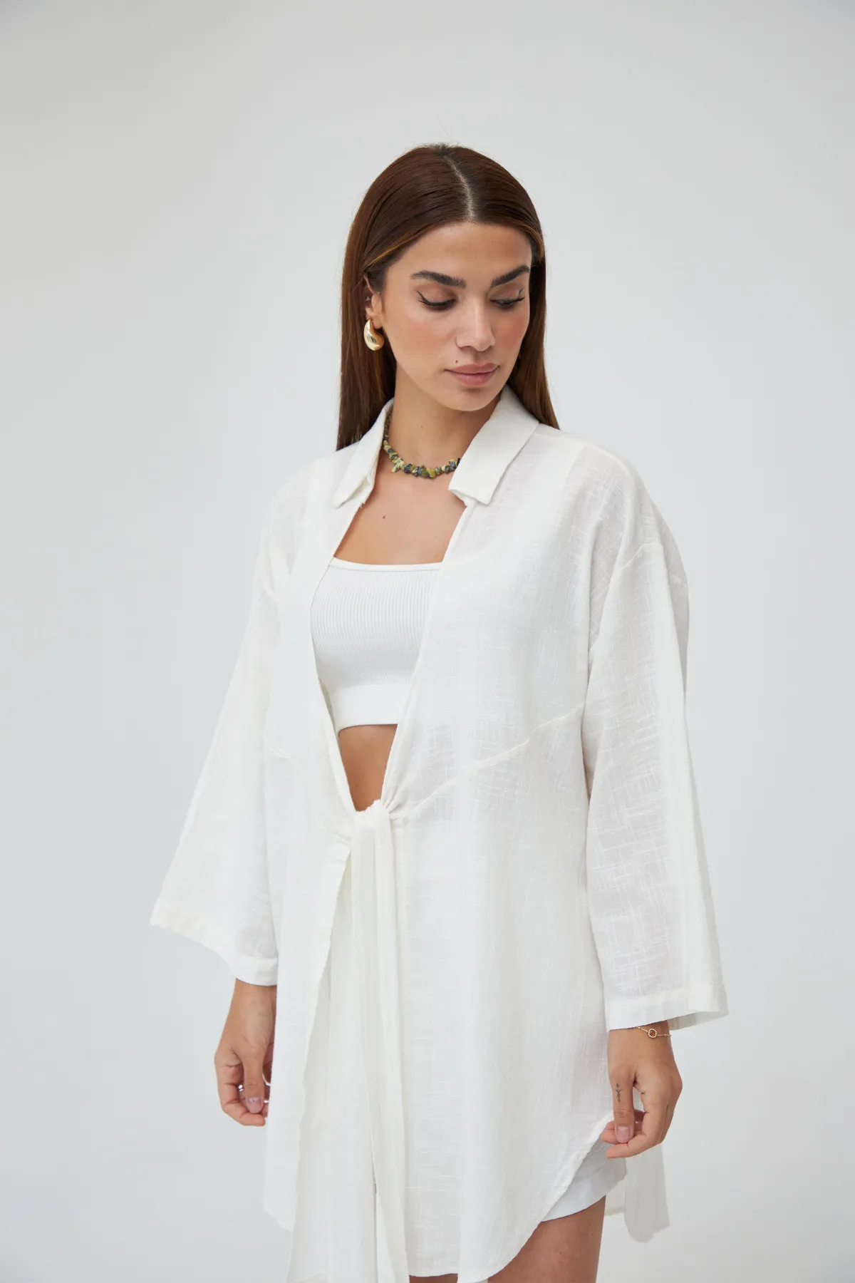 Laluvia  Off White Flam Leinen-Kimono-Hemd
