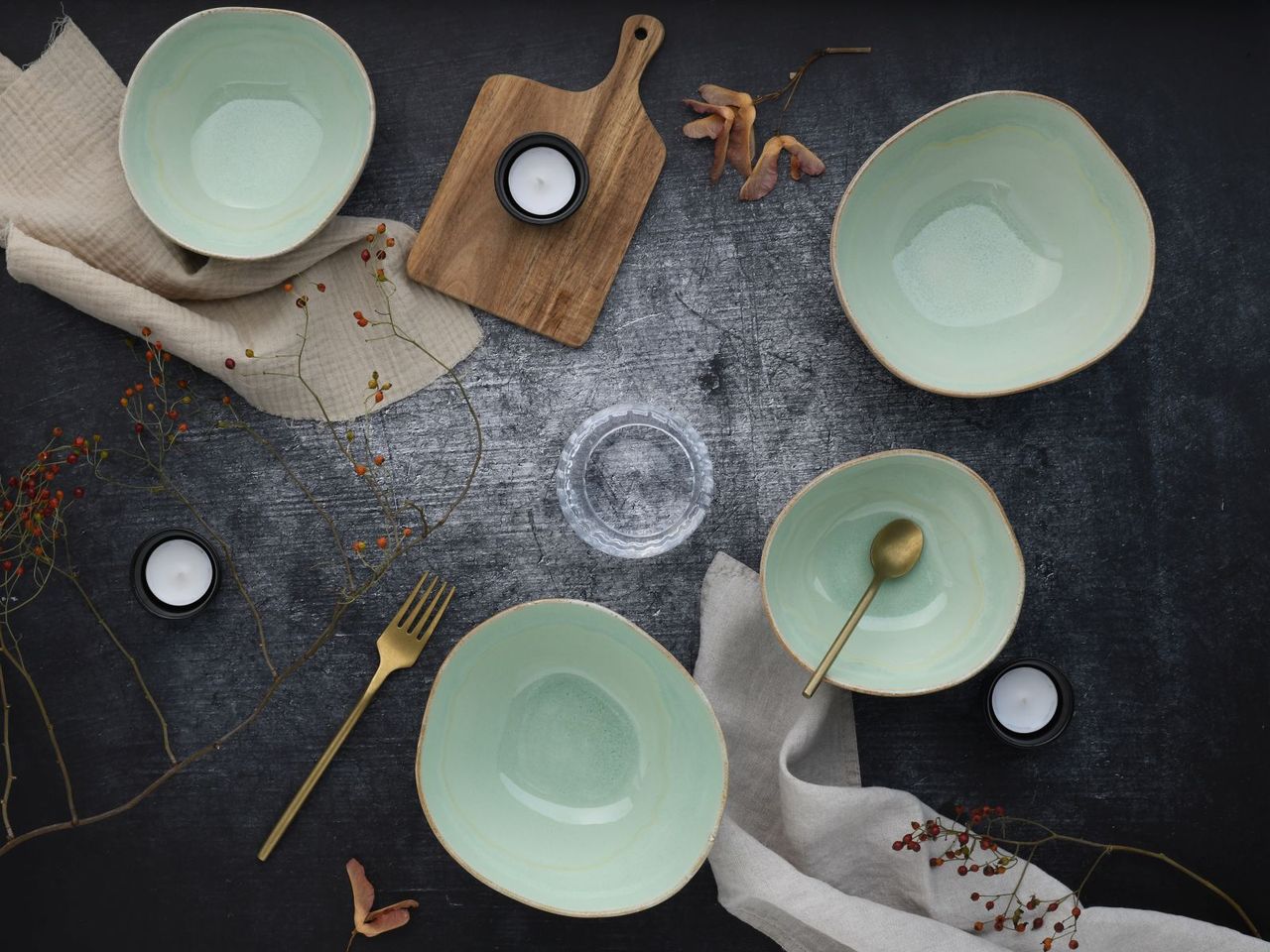 CreaTable Basalt Bowls, Salbei, 4-teiliges Geschirrset, Bowl Set  aus Steinzeug