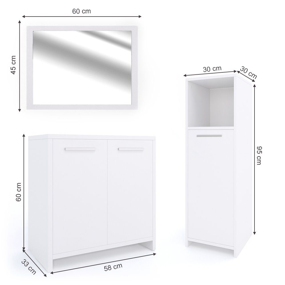 Vicco Badmöbel-Set Badezimmerset KIKO Weiß Set 2, (Badezimmerset, 3-St., 3-er Set)
