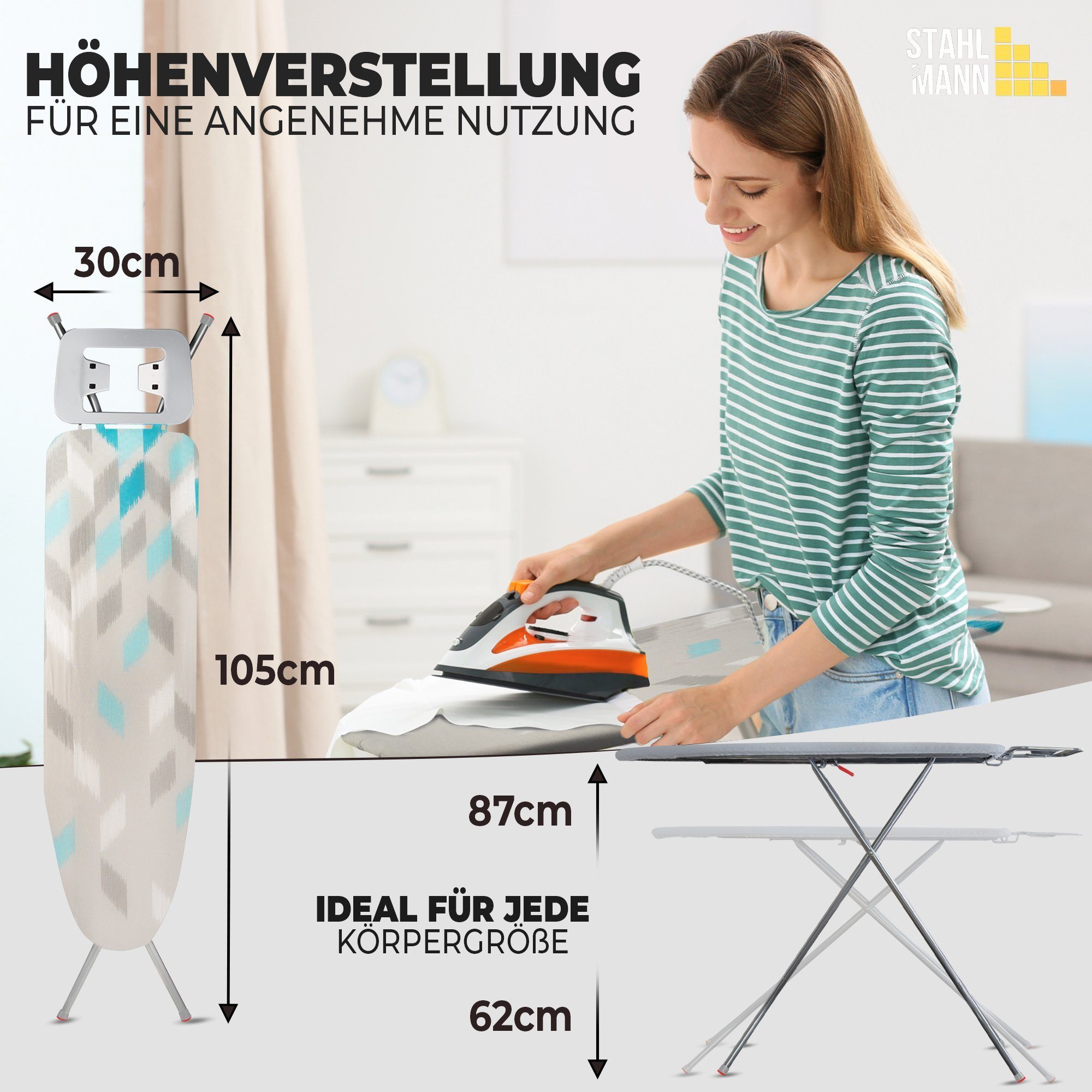 STAHLMANN COMMERCE GmbH Bügelbrett höhenverstellbares Bügelbrett mit rutschfesten Füßen, Bügelfläche 30,00x105,00 cm, robuster Bügeltisch inkl. Bügelbrettbezug