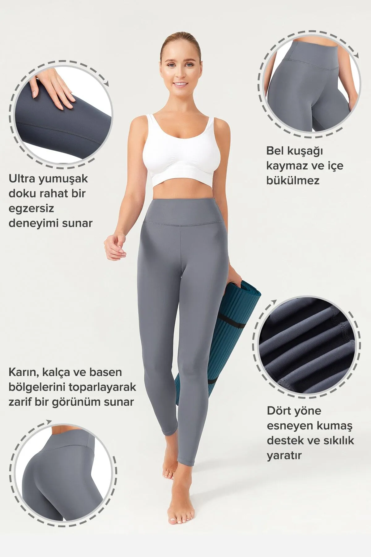 LOS OJOS  Anthrazitfarbene, schmal geschnittene Sport-Leggings mit hoher Taille und Basics für Damen
