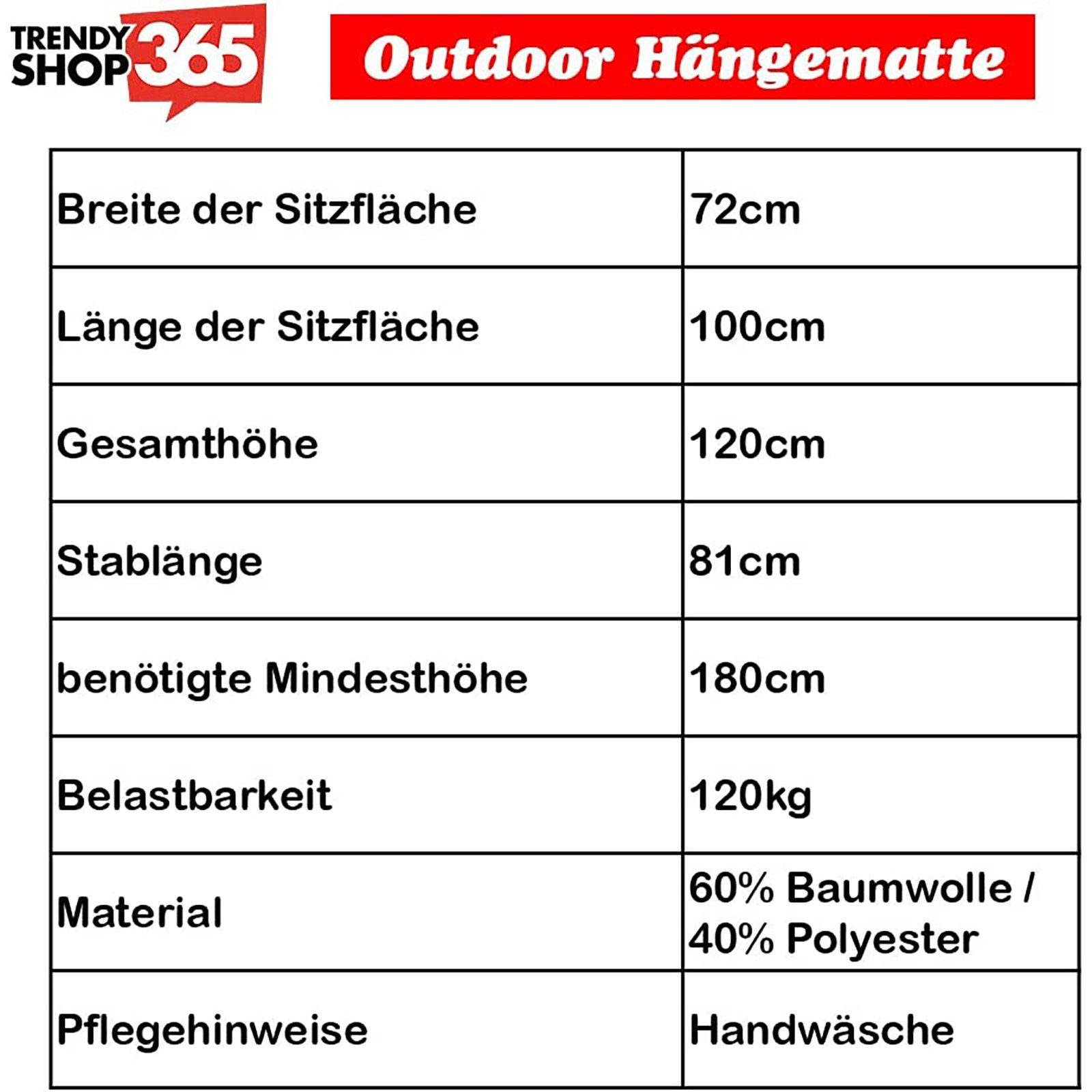 Trendyshop365 Hängesessel ohne Gestell bis 120kg Hängestuhl, in 4 Farben für Innen- und Außenbereich, Hängeschaukel