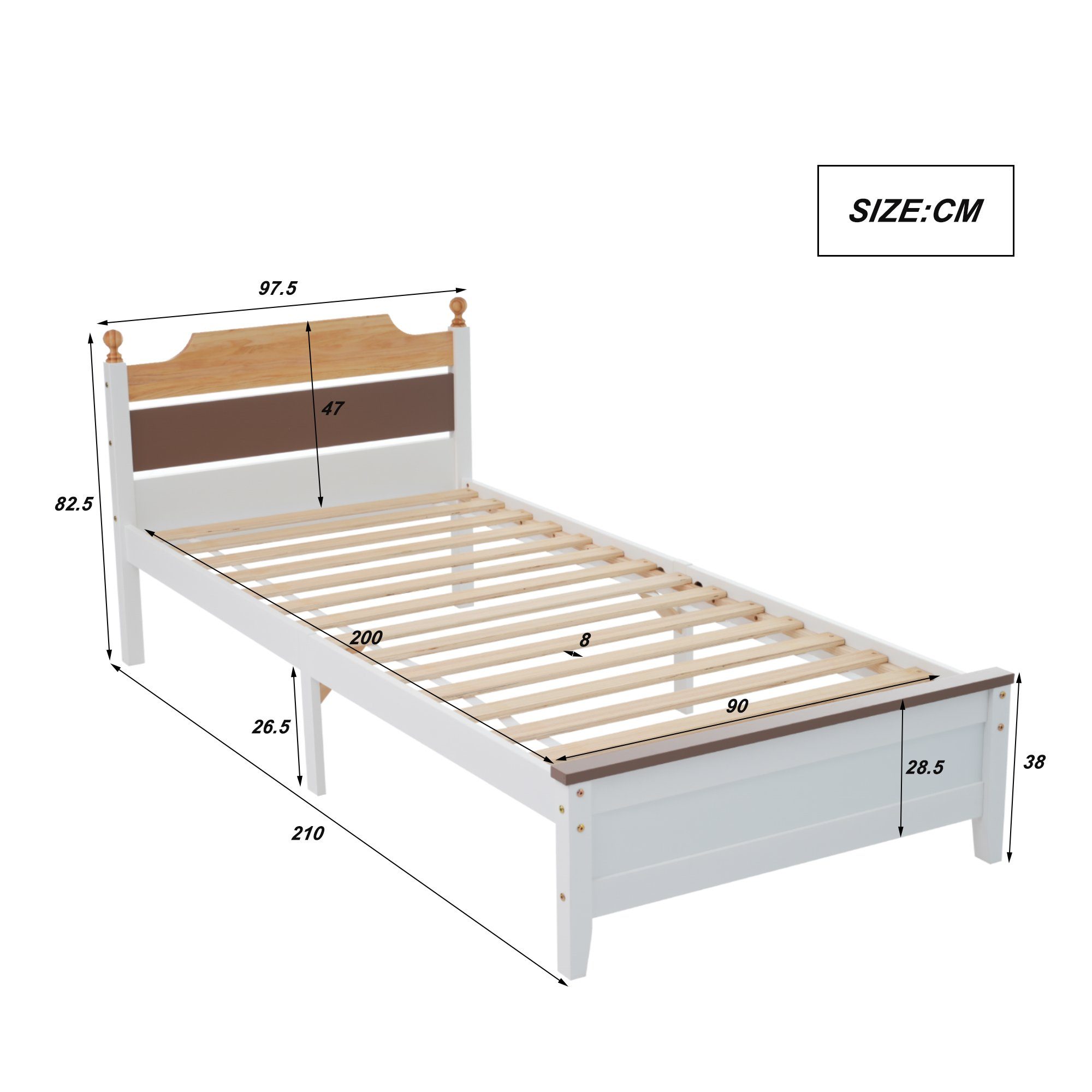 Flieks Massivholzbett, Einzelbett Kiefernholzbett mit Kopfteil und Lattenrost 90x200cm