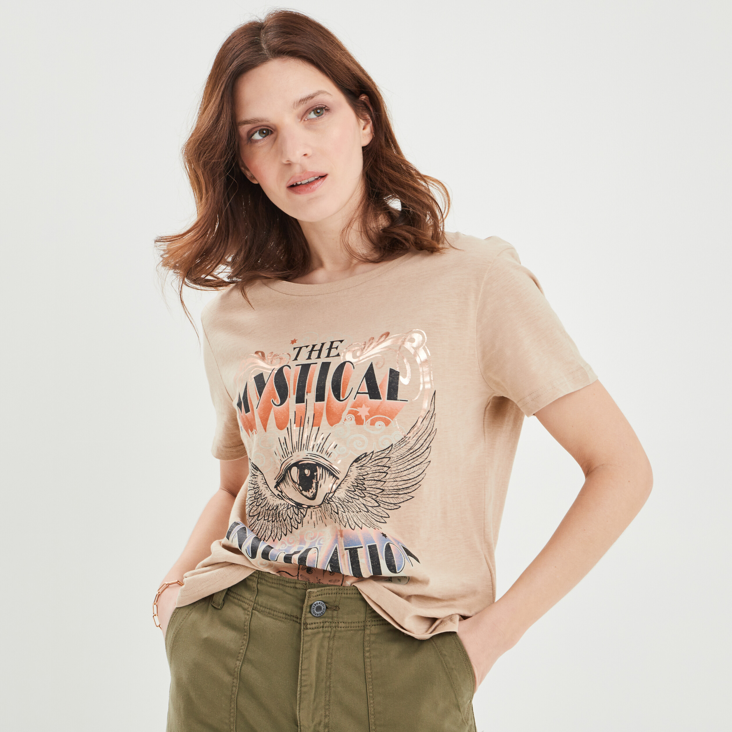 T-shirt coton manches courtes marron femme | La Halle