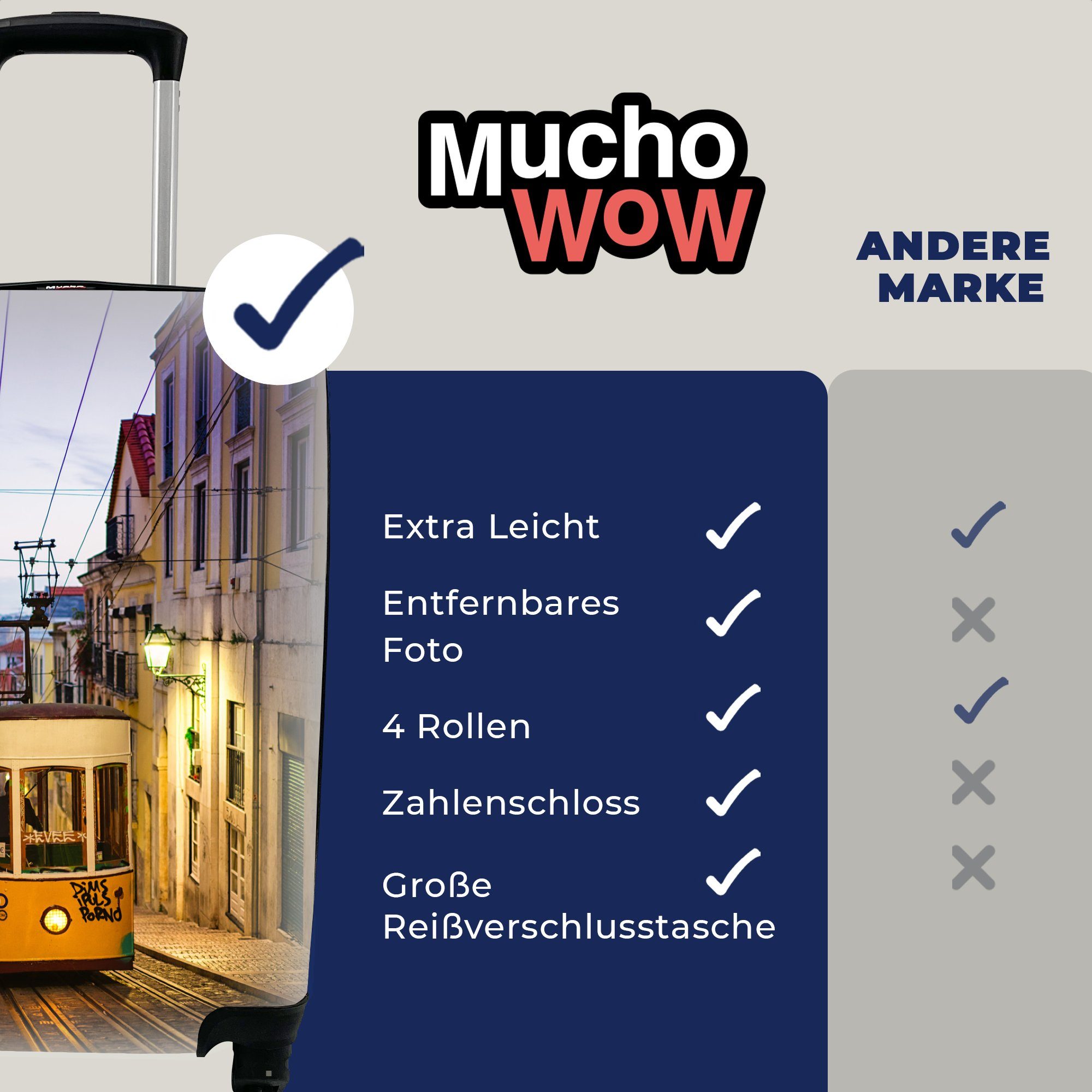 MuchoWow Handgepäckkoffer Die Seilbahn einer Straßenbahn in Lissabon bei Nacht, 4 Rollen, Reisetasche mit rollen, Handgepäck für Ferien, Trolley, Reisekoffer