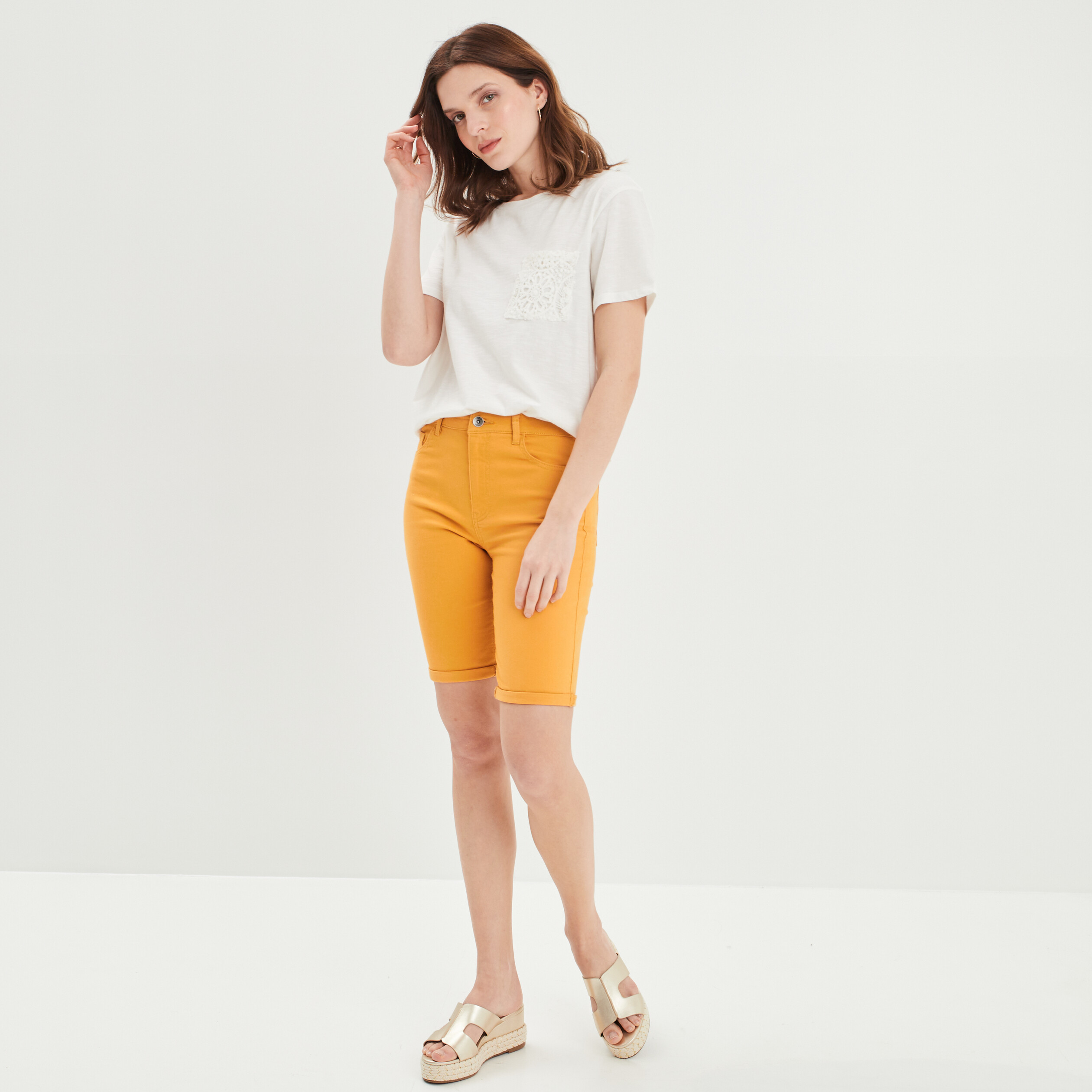 T-shirt col rond avec poche macramé blanc femme | La Halle