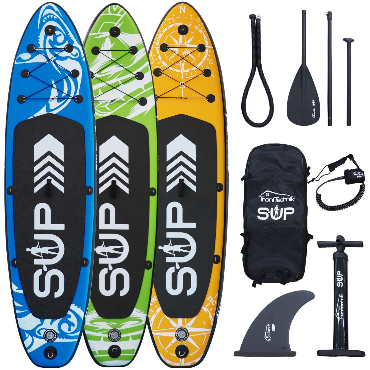 TroniTechnik Standup Paddle Board SUP, inkl. umpfangreichen Zubehör, Paddel und Hochdruckpumpe, Farbe Orange in Größe 366 x 80 x 15cm