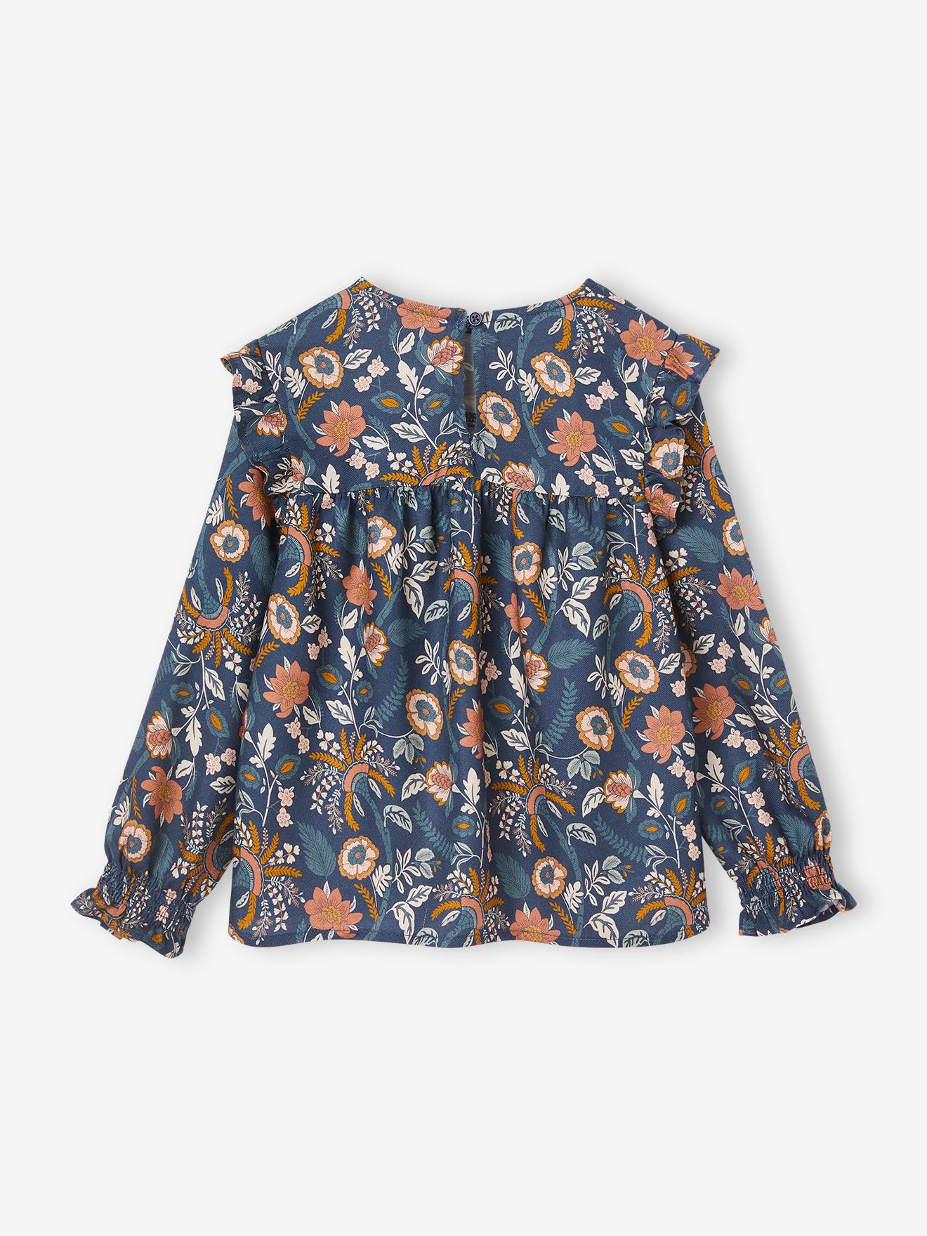 Blouse fleurie fille manches volantées bleu grisé