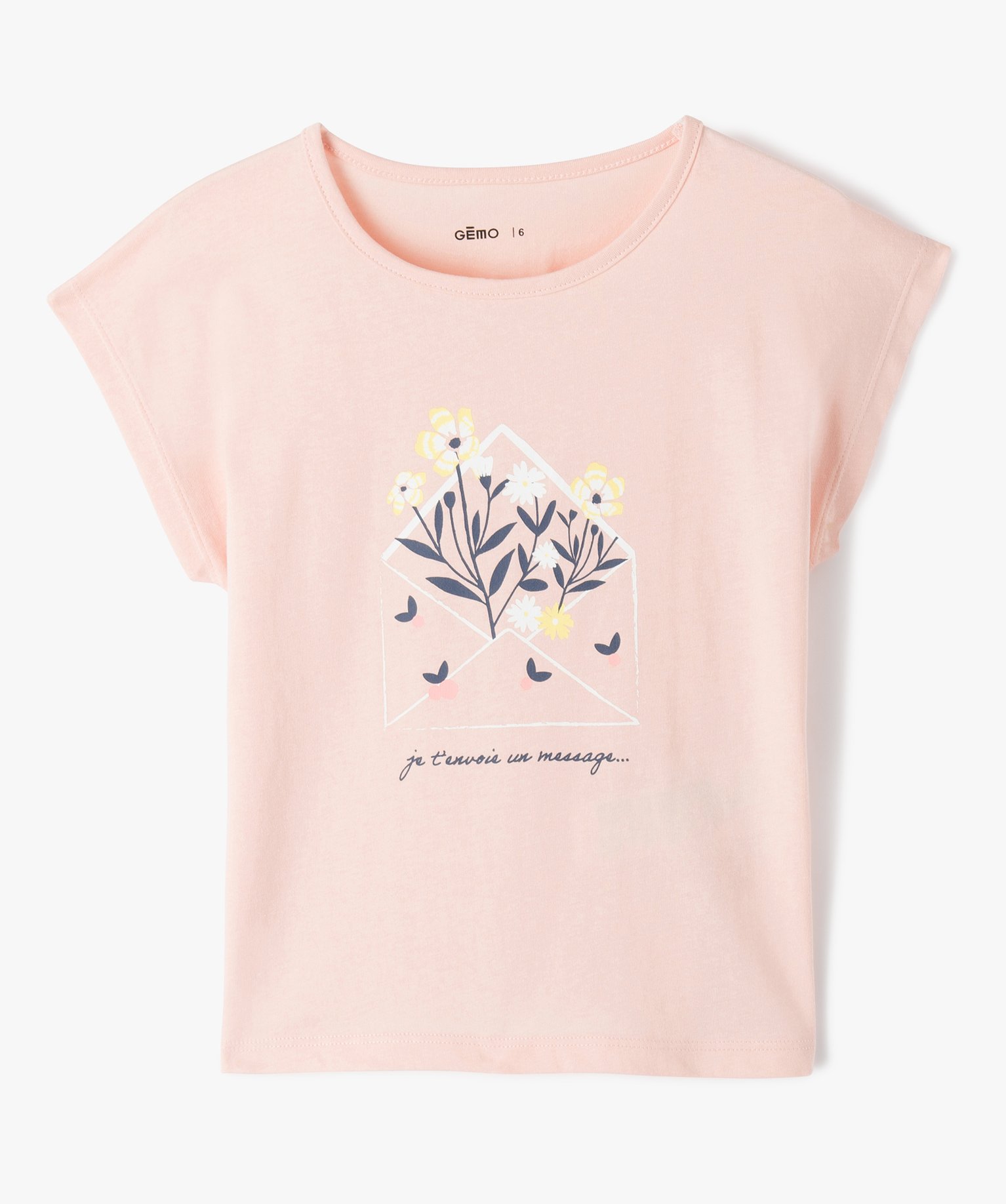 Tee-shirt fille loose à imprimé fleuri et message rose | GEMO