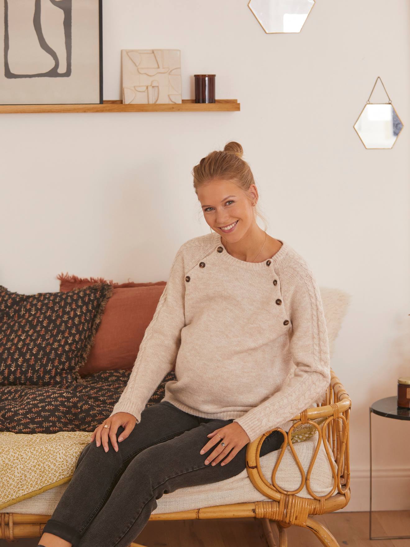 Vertbaudet Pullover mit Zopfmuster für Schwangerschaft & Stillzeit - wollweiß