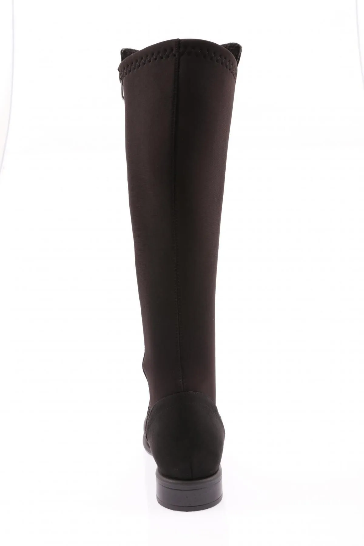 DGN  Modell 501 für Damen – Kniehohe Stiefel aus schwarzem Wildleder mit Stretch-Bogen und seitlichem Reißverschluss