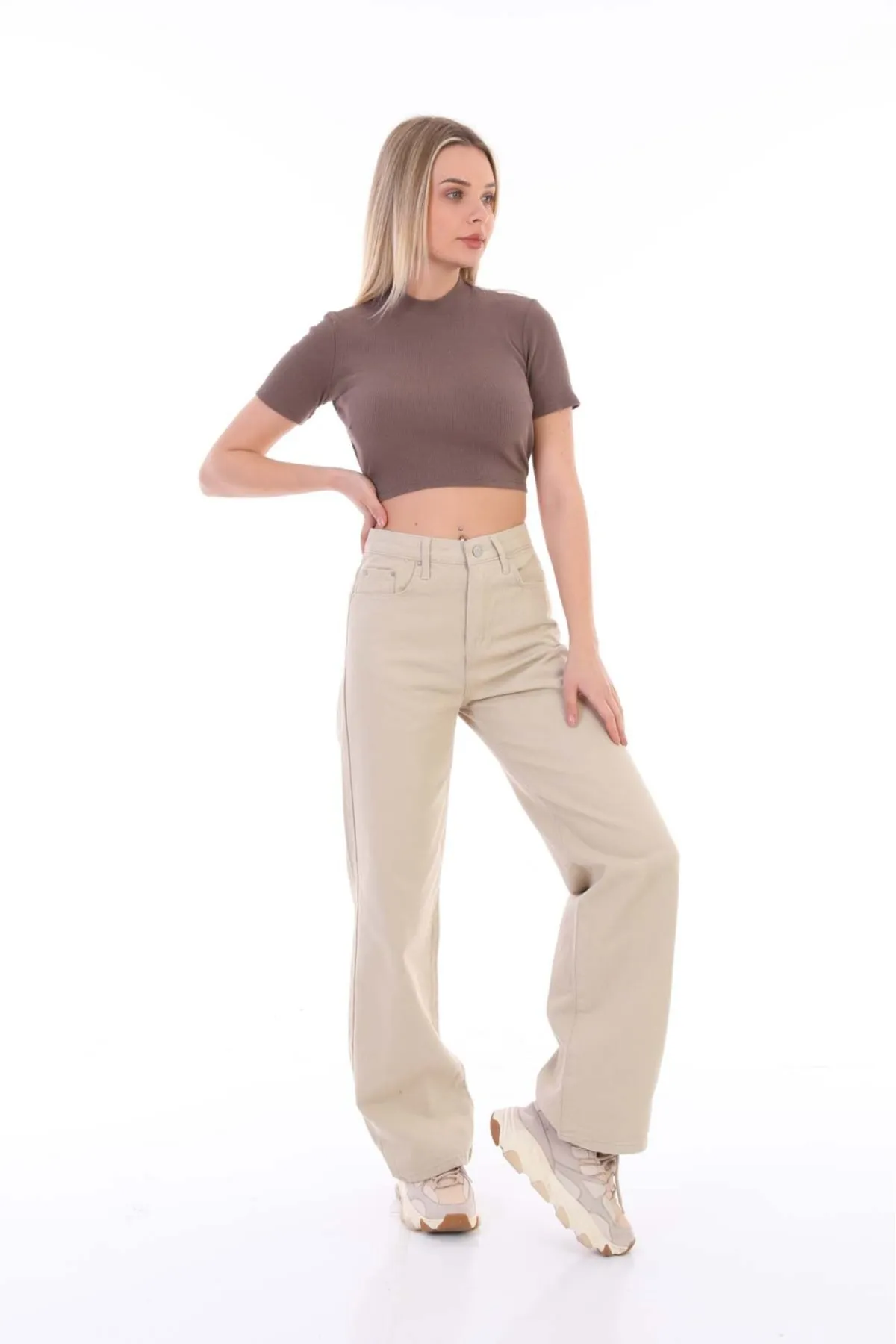 BİKELİFE  Beigefarbene Palazzo-Hose mit weitem Bein und hoher Taille für Damen