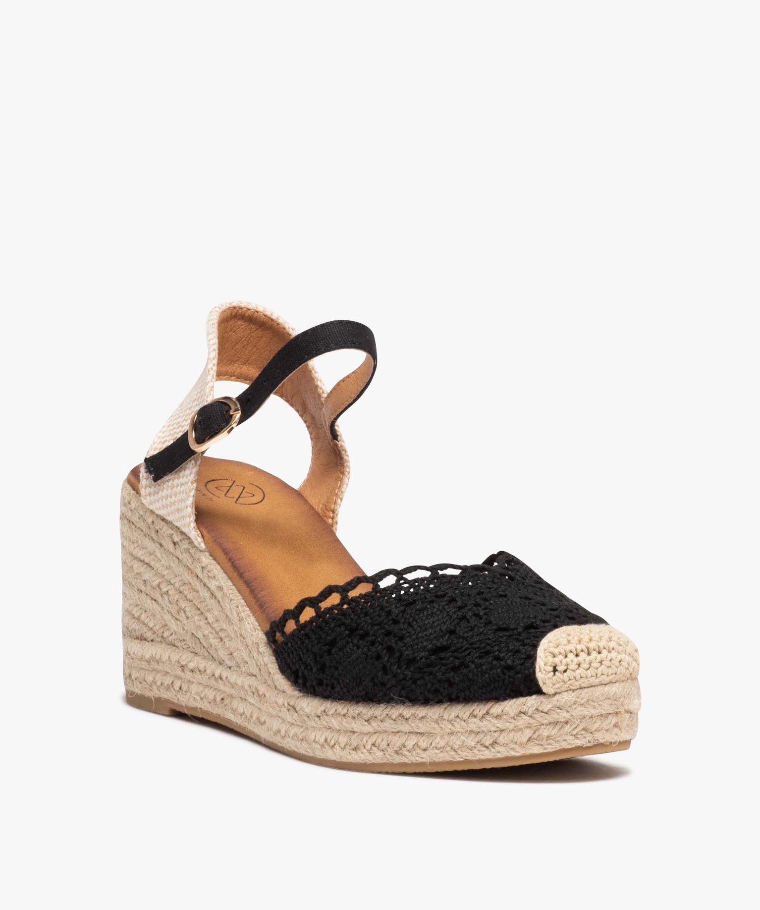 Sandales femme compensées en jute avec dessus brodé noir | GEMO