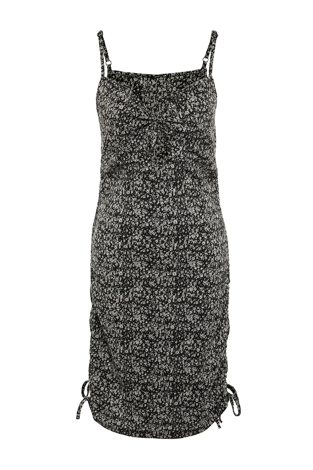 Trendyol Curve  Schwarzes, körperbetontes, gerafftes Strickkleid mit Blumenmuster TBBSS22AH0142