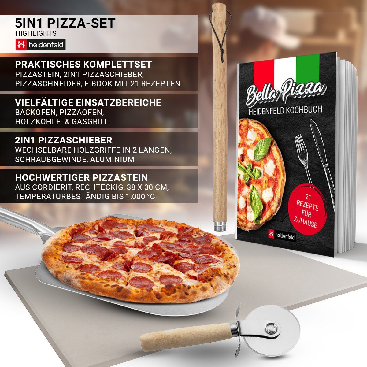 Heidenfeld Pizzastein für Backofen Pizza Set 5in1 bis zu 1000 °C inkl. Rezeptbuch, Pizzastein aus Cordierit, (Pizzaschieber rechteckig mit großer Fläche, Ofen Back Zubehör, 5-St., 