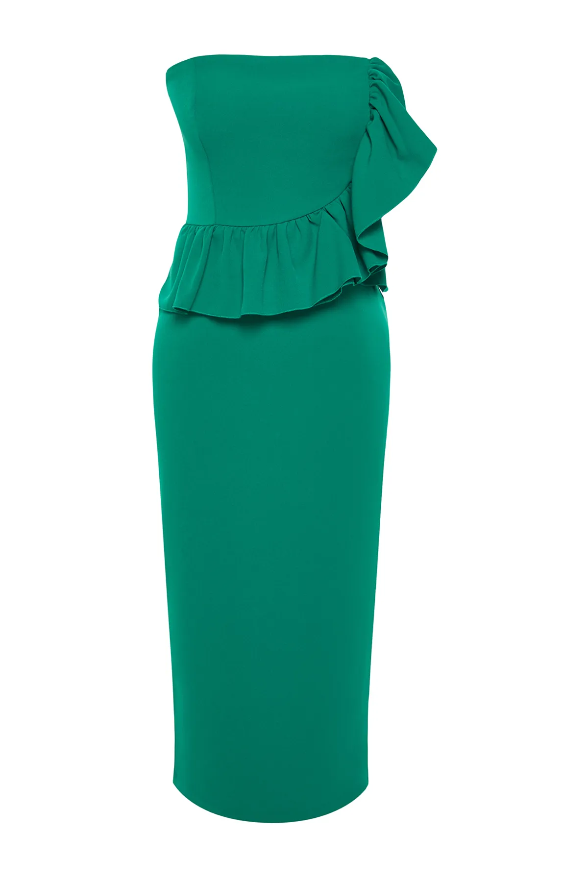 Trendyol Collection  Smaragdgrünes, gewebtes, elegantes Abendkleid mit Volants TPRSS24EL00081