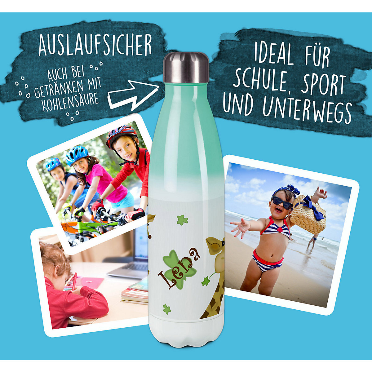 Edelstahl Kinder Thermoflasche / Trinkflasche bunt Giraffe Spülmaschinenfest, Auslaufsicher, Bruchfest, Doppelwandig, Für Heißgetränke geeignet, Mit Deckel, Isoliert