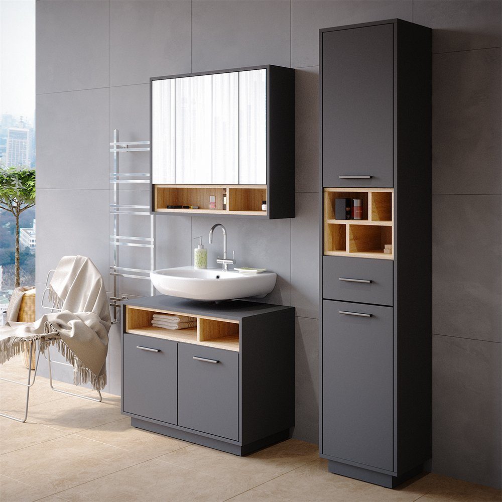 Vicco Spiegelschrank Badschrank Badspiegel BEATRICE 80cm Anthrazit / Sonoma