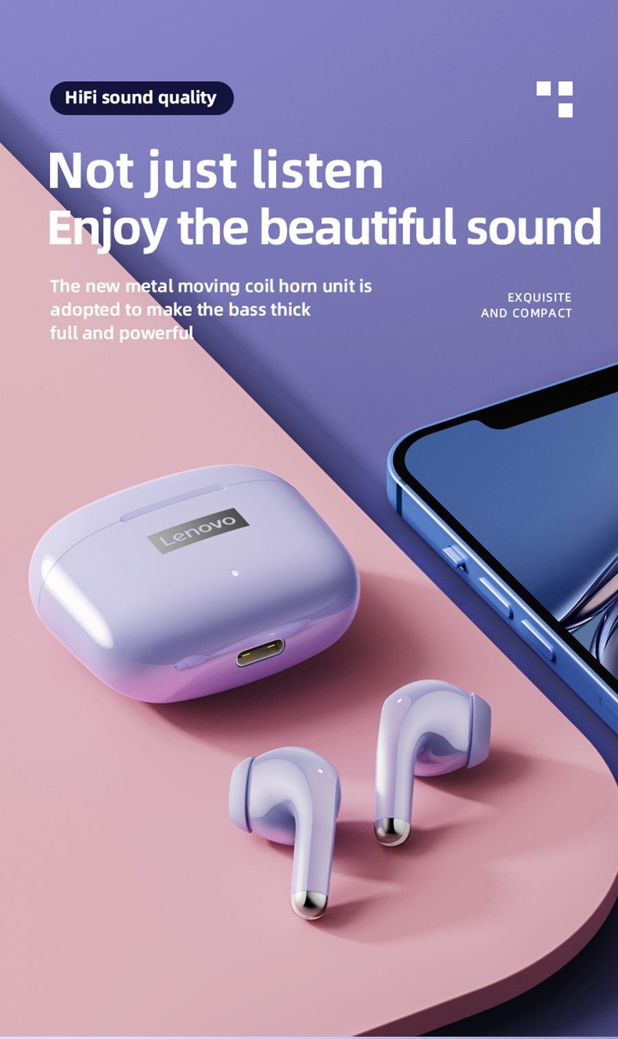 Lenovo LP40 Pro mit Touch-Steuerung Bluetooth-Kopfhörer (True Wireless, Siri, Google Assistant, Bluetooth 5.1, kabellos, Stereo Ohrhörer mit 250 mAh Kopfhörer-Ladehülle - Schwarz)