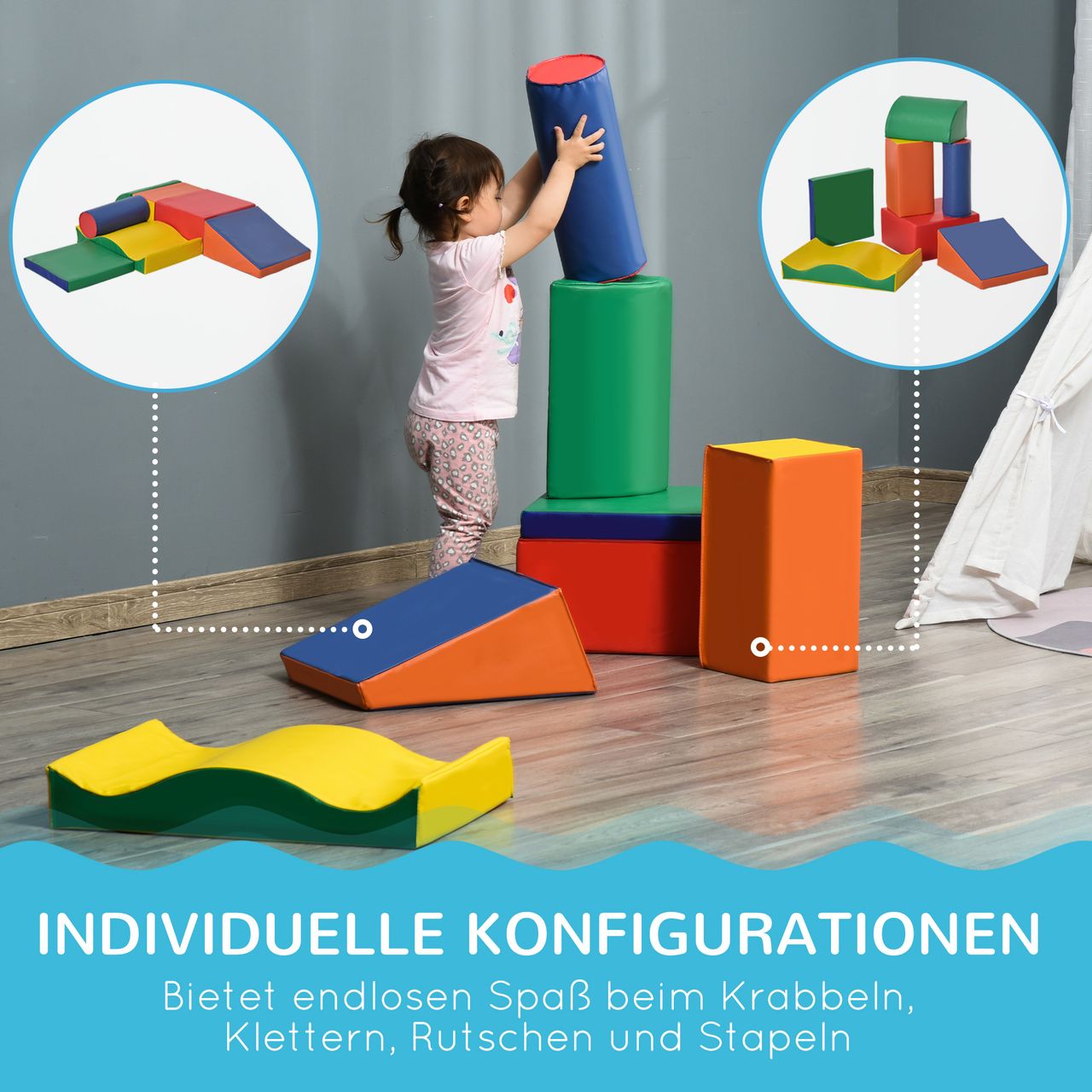 HOMCOM 7-tlg. Softbausteine, Bausteinset zum Klettern, Riesenbausteine, Bunt